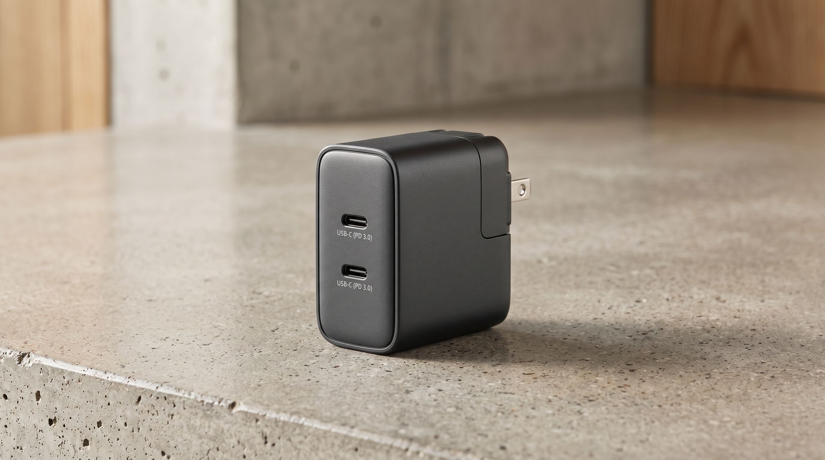 A compact folding-pin GaN charger with two USB-C ports sitting upright on a polished concrete surface.