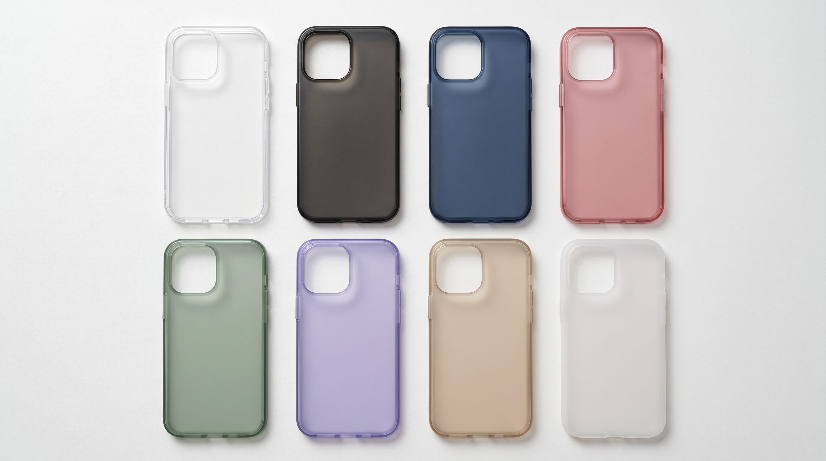Eight phone cases in different tints arranged in two rows on a white surface showing colour variant range.