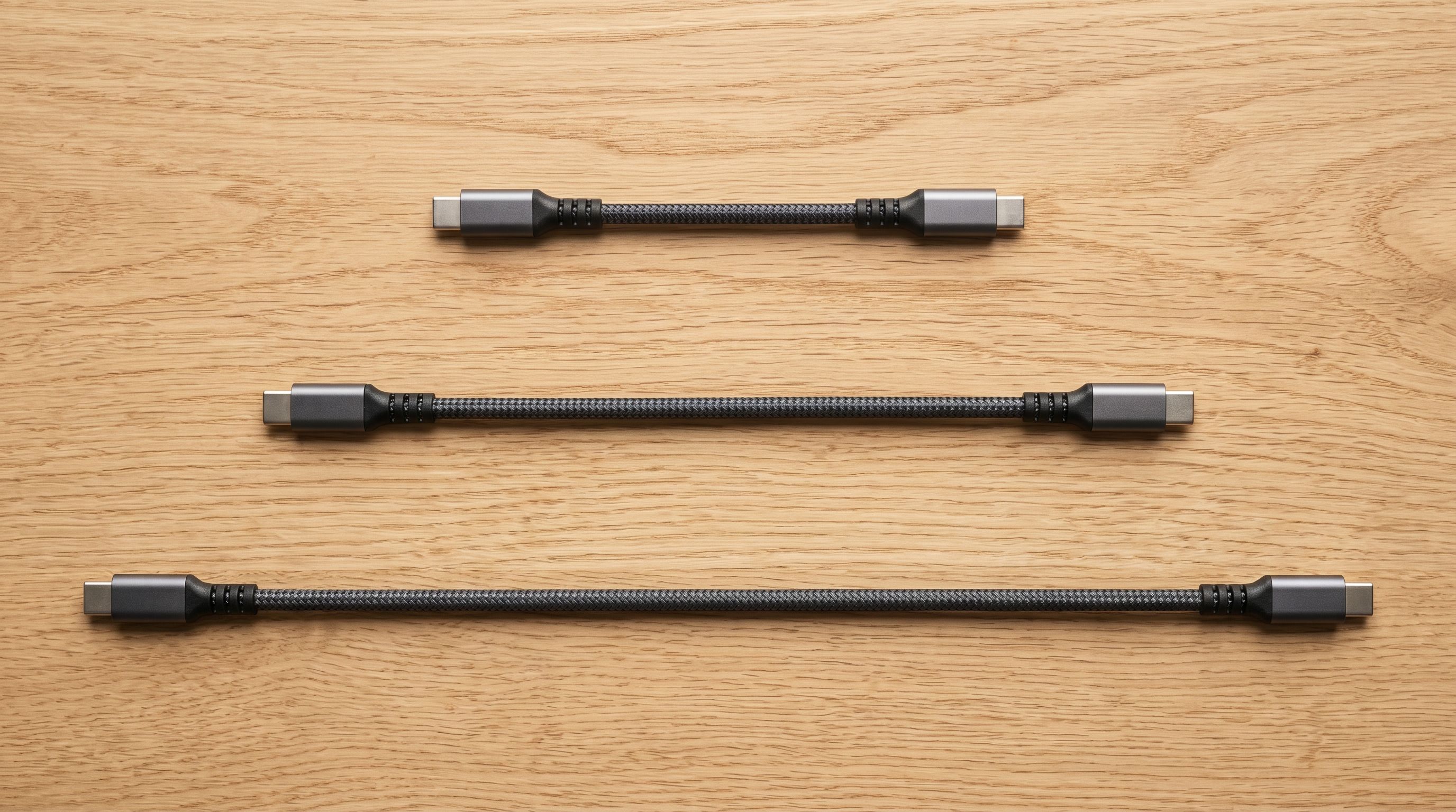 Three braided USB-C cables in different lengths laid in parallel on a light timber surface showing length options.