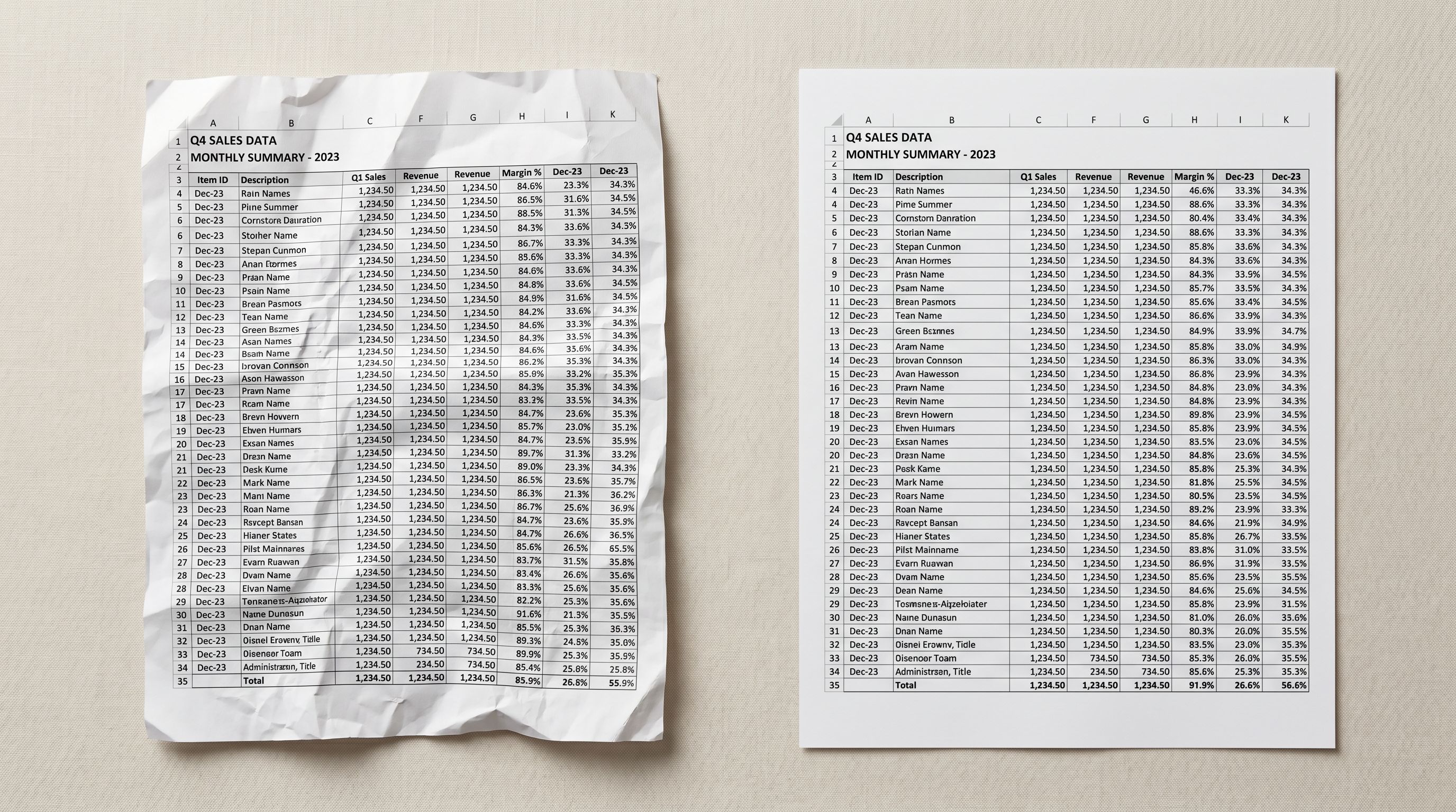 A crumpled printed spreadsheet page placed next to a perfectly flat pristine version of the same printed document, representing failed file conversion on a clean surface.