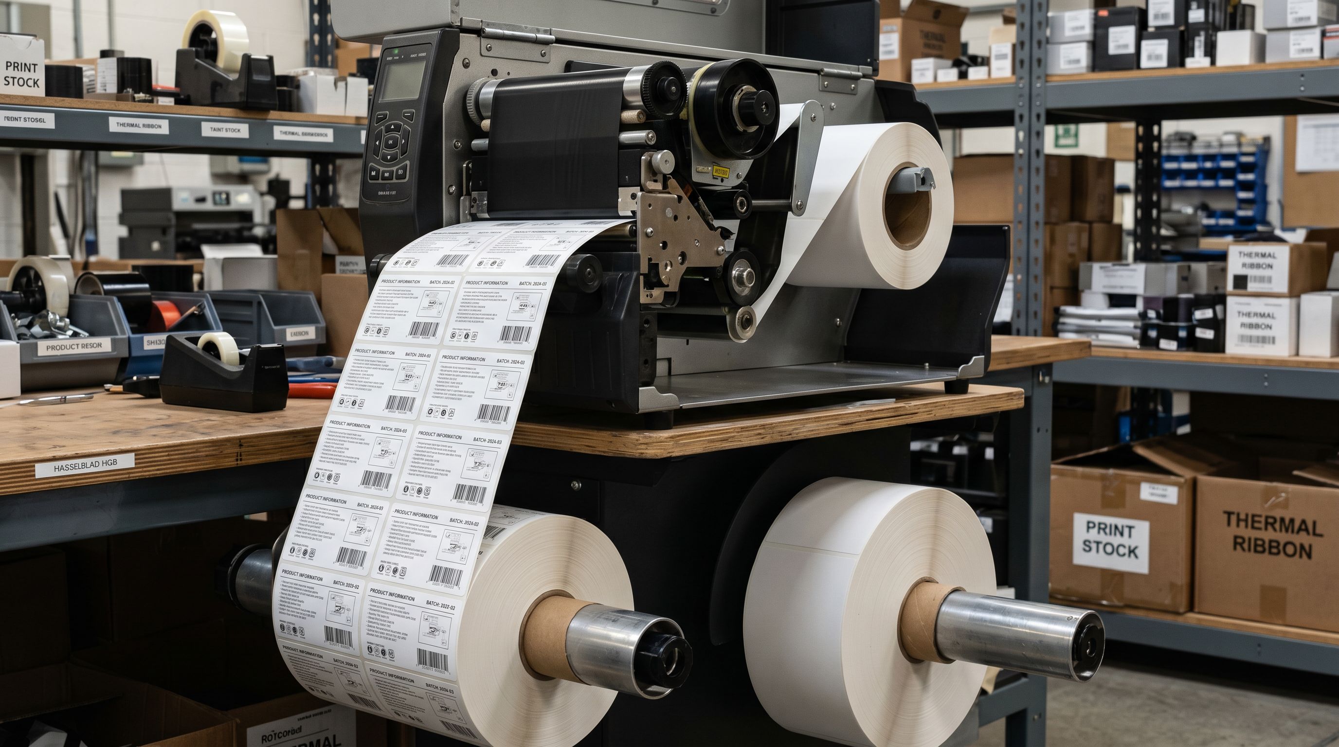 Rows of identical printed product description cards emerging from an industrial printing press roll, fresh and uniform, representing automated content generation at scale.
