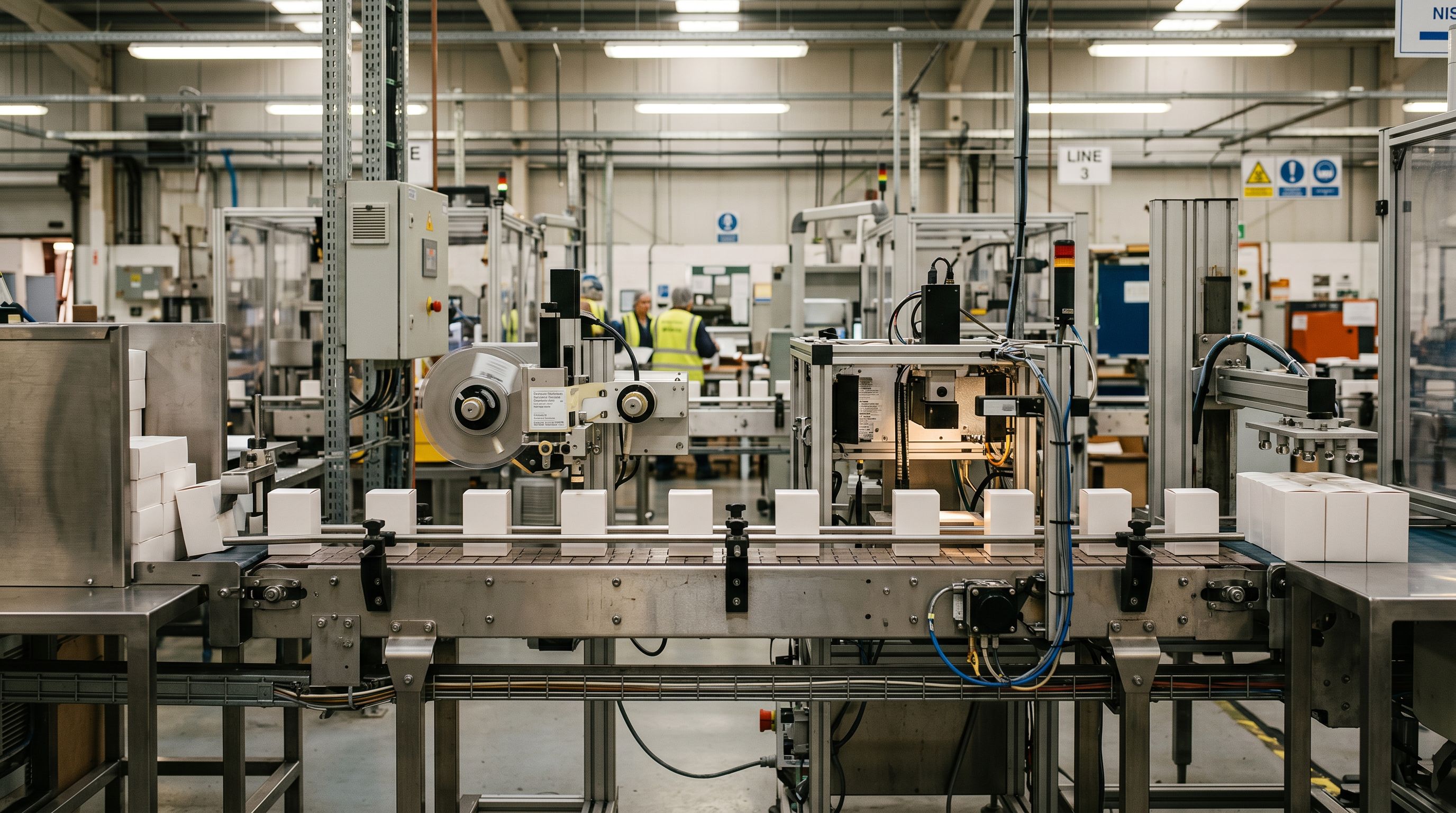 An organised assembly line with uniformly shaped product boxes at different processing stages, each moving from left to right through distinct preparation stations, viewed from the side.