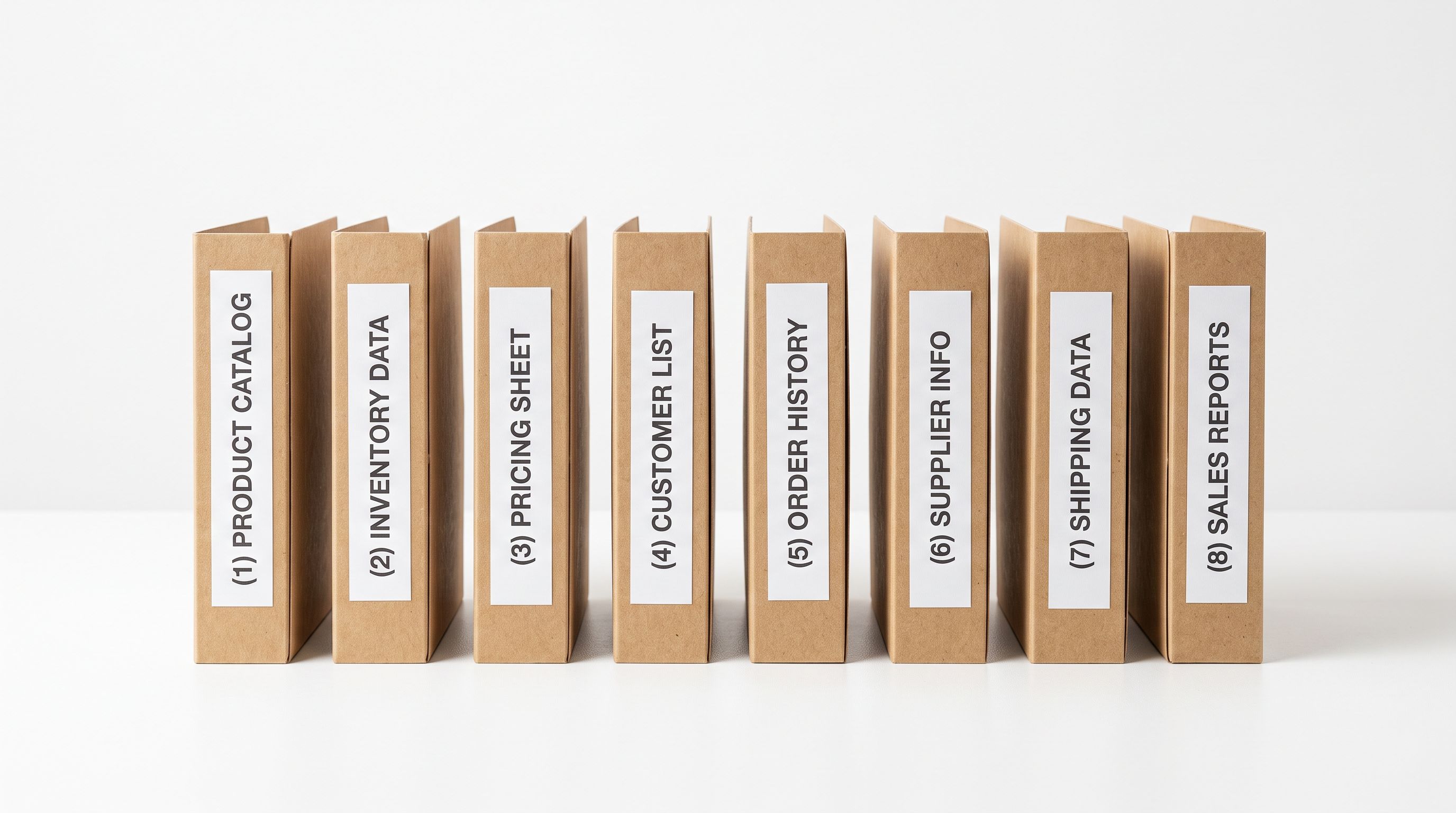 Eight small labeled document folders arranged in a neat row on a white surface representing different categories of product export files