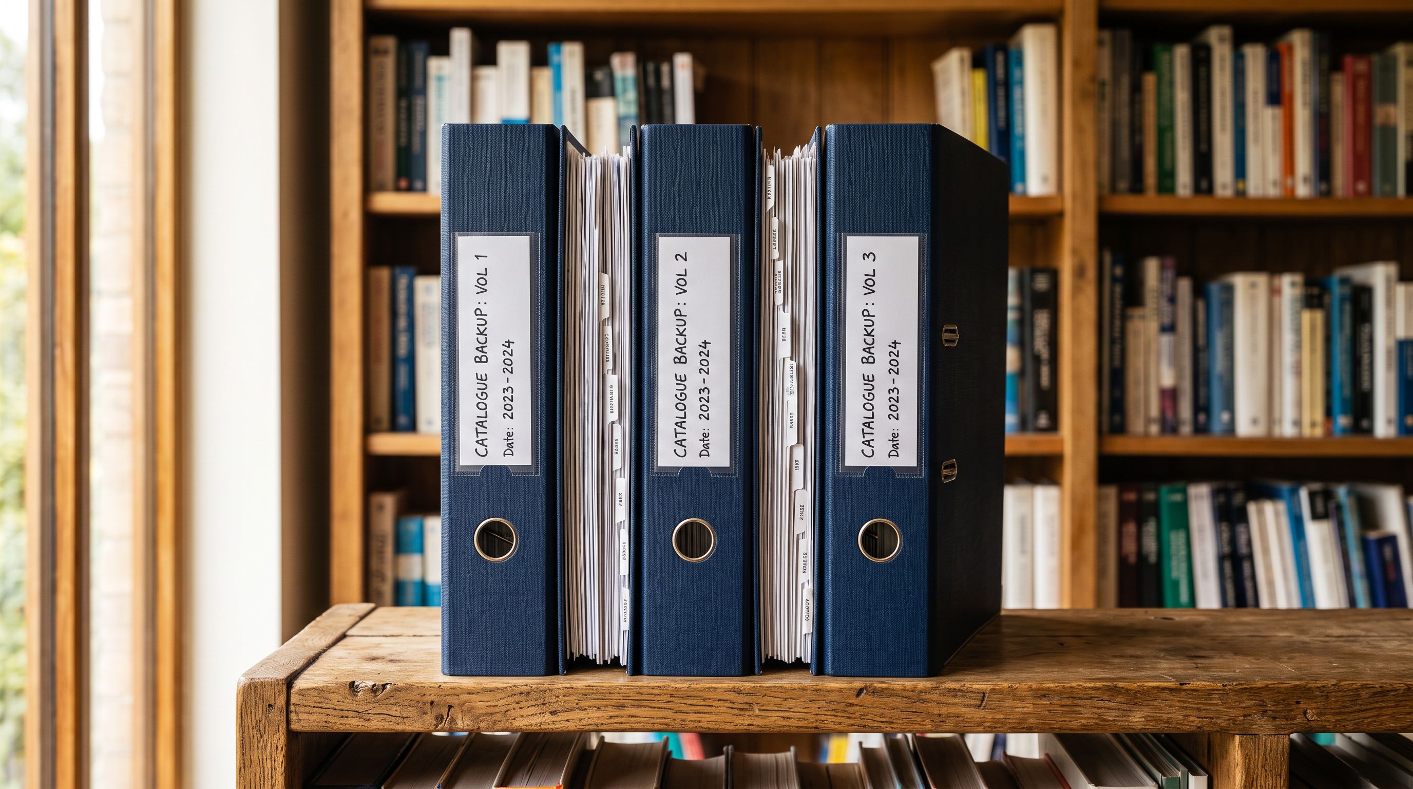 Three labeled ring binders with printed product documentation standing on a wooden bookshelf representing organised catalogue backup records