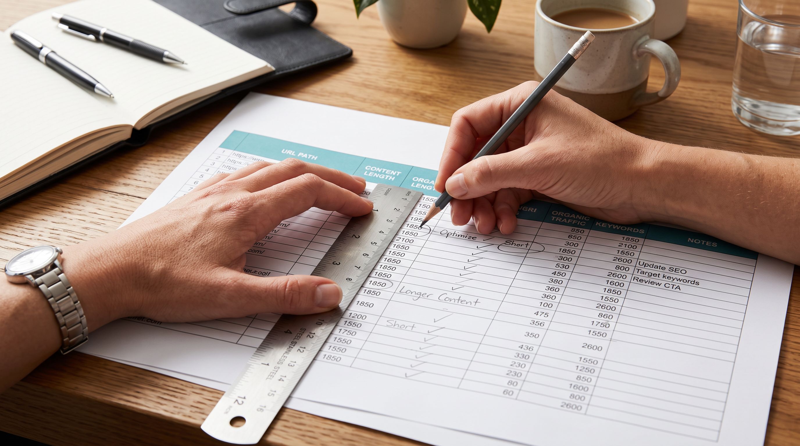 Hands using a steel ruler and pencil to measure and annotate columns on a printed spreadsheet representing SEO content length analysis