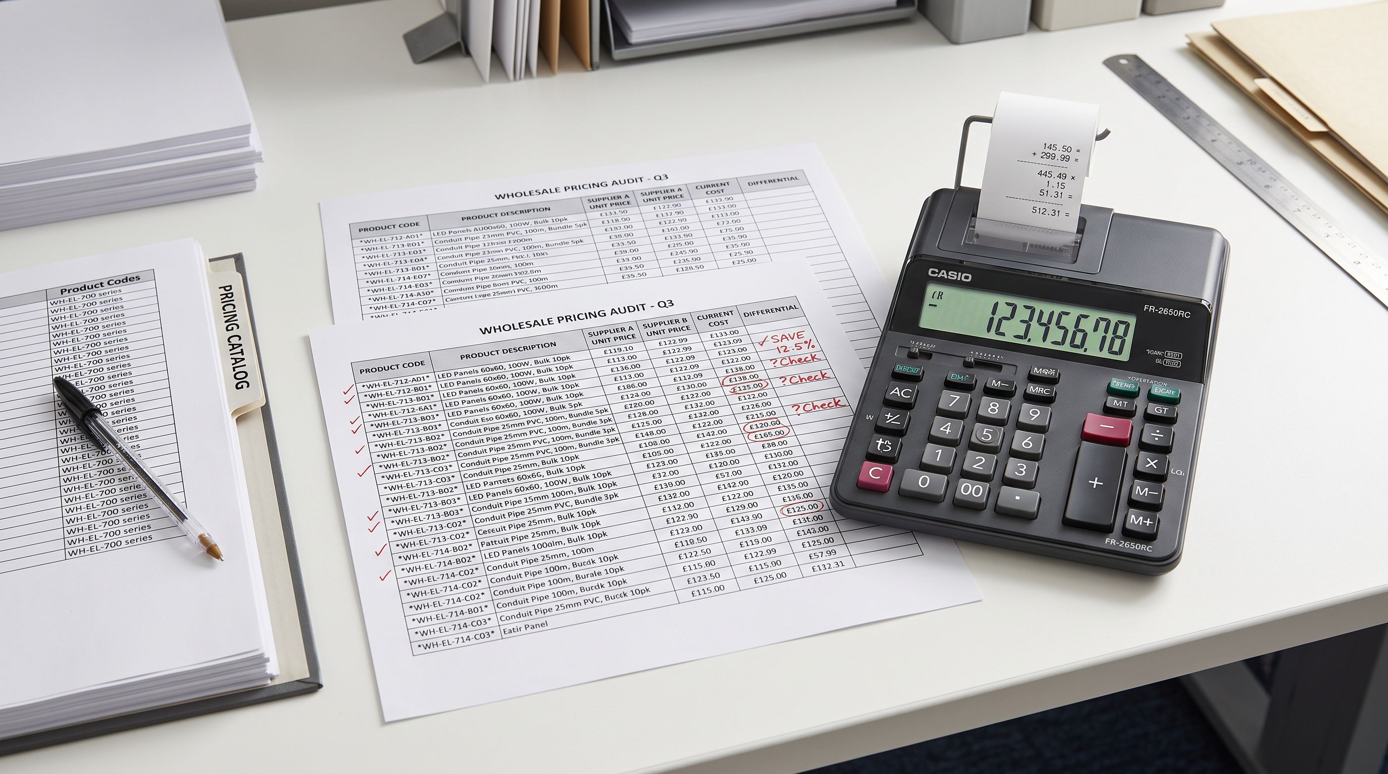 Calculator alongside printed price comparison tables with product codes on a clean white surface representing a wholesale pricing audit workflow