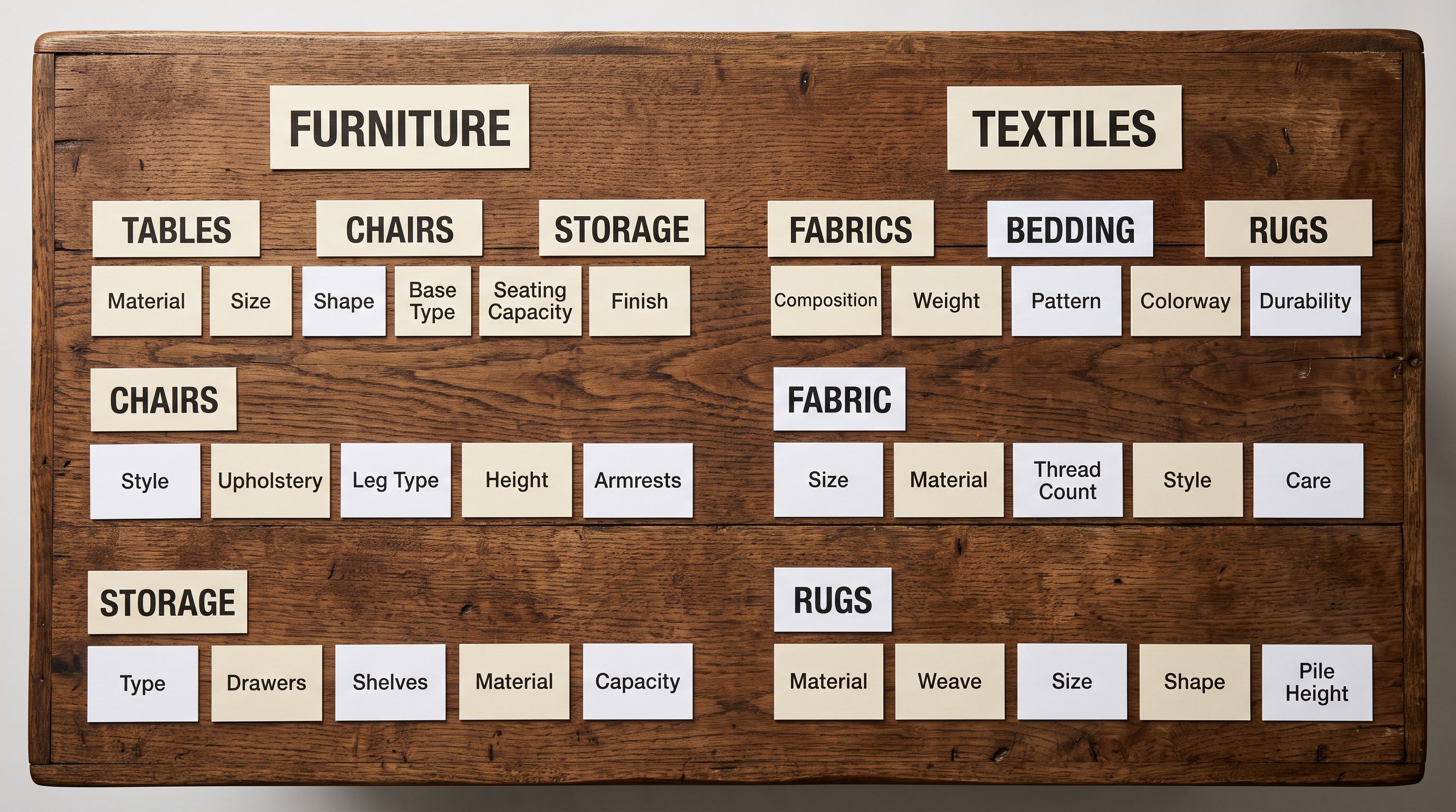 Printed product attribute tags organised in labeled groups on a wooden surface representing product taxonomy and category classification