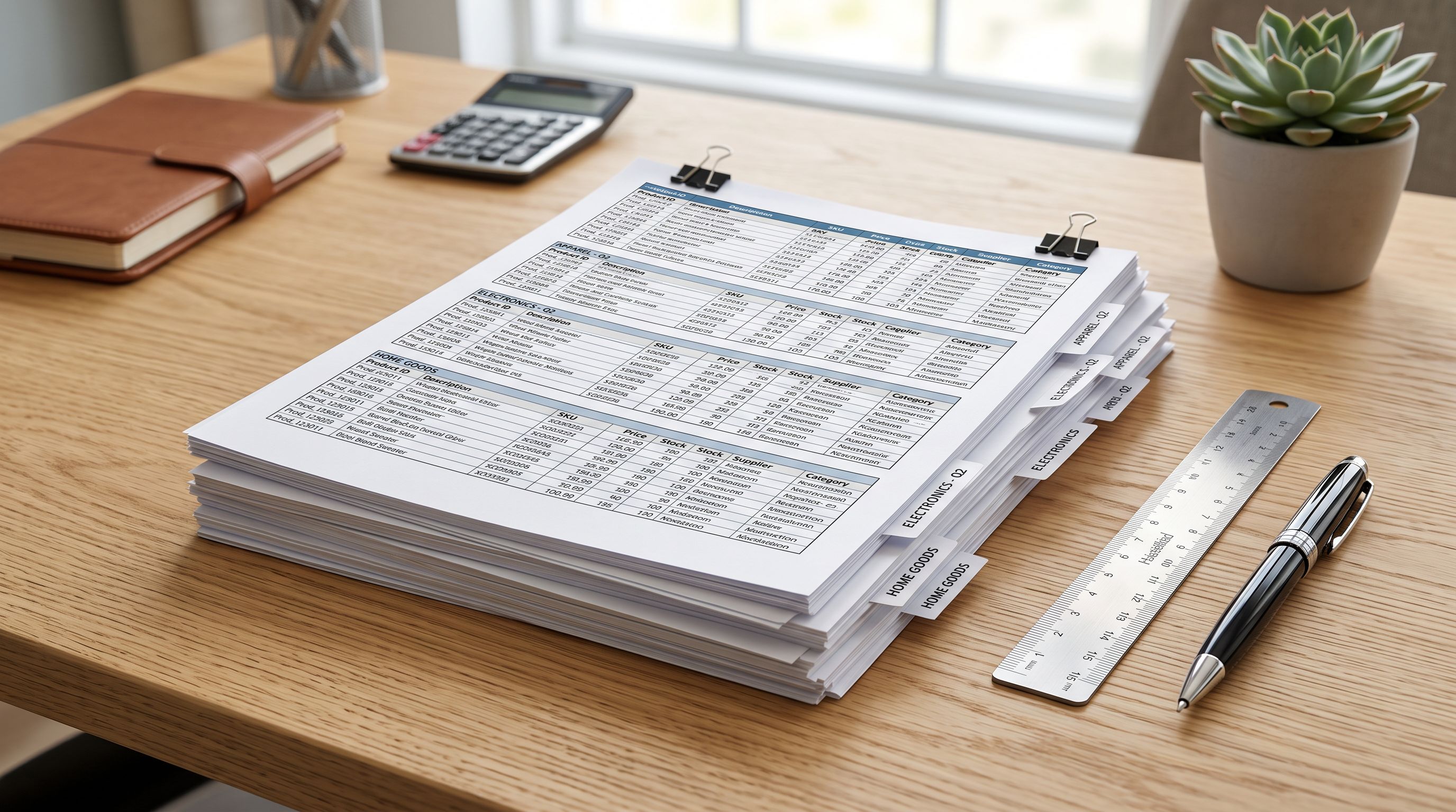 Stack of printed product data spreadsheets on a desk with a pen and ruler beside them representing a Shopify catalogue audit workflow