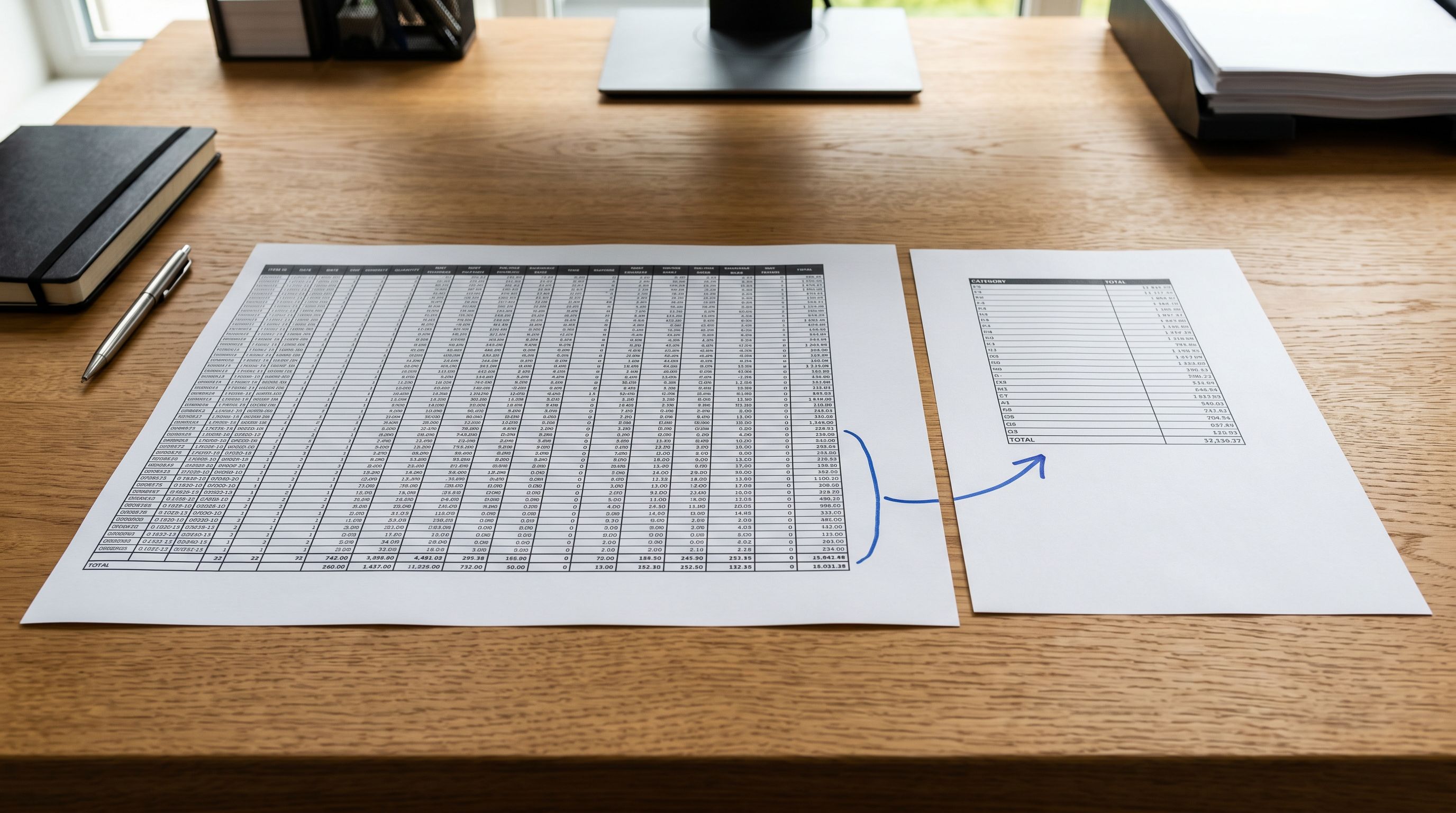 Printed two-column CSV file layout on a desk showing a narrow spreadsheet with only a product identifier column and a title column, beside a wide exported spreadsheet with many columns, with an arrow pointing from the wide file to the narrow file to indicate the reduction step.