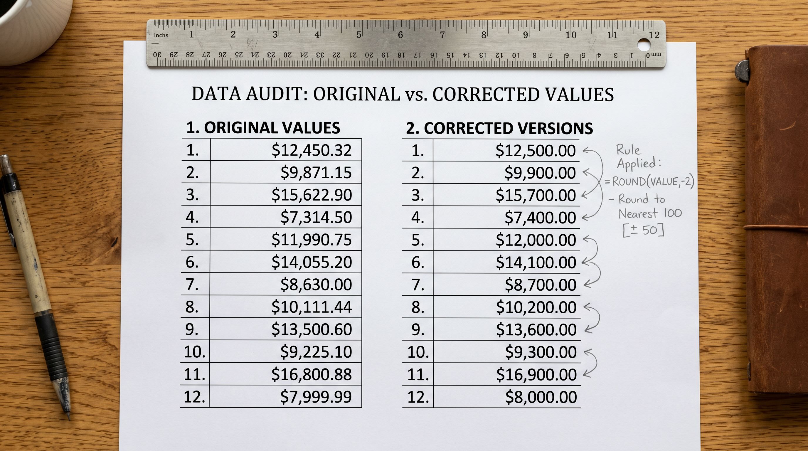 Printed bulk title edit worksheet on a desk showing two columns, one with original product titles and one with the corrected versions, with a formula notation written in the margin showing how the correction was derived across the range.