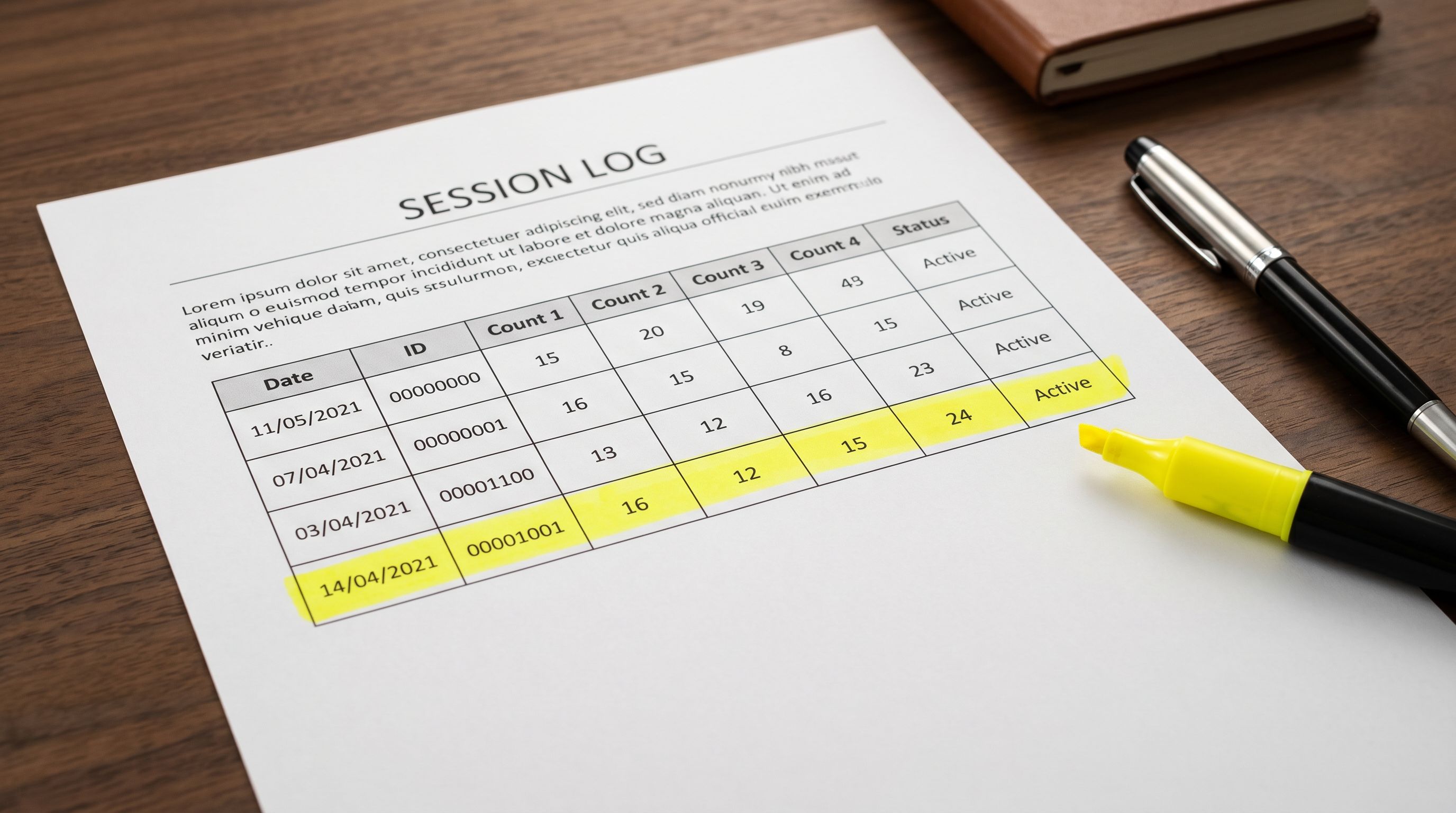 Printed import history session log on a desk showing four rows representing separate bulk edit sessions on different dates, with each row listing the field updated and the number of products affected, with a highlighter marking the most recent session.