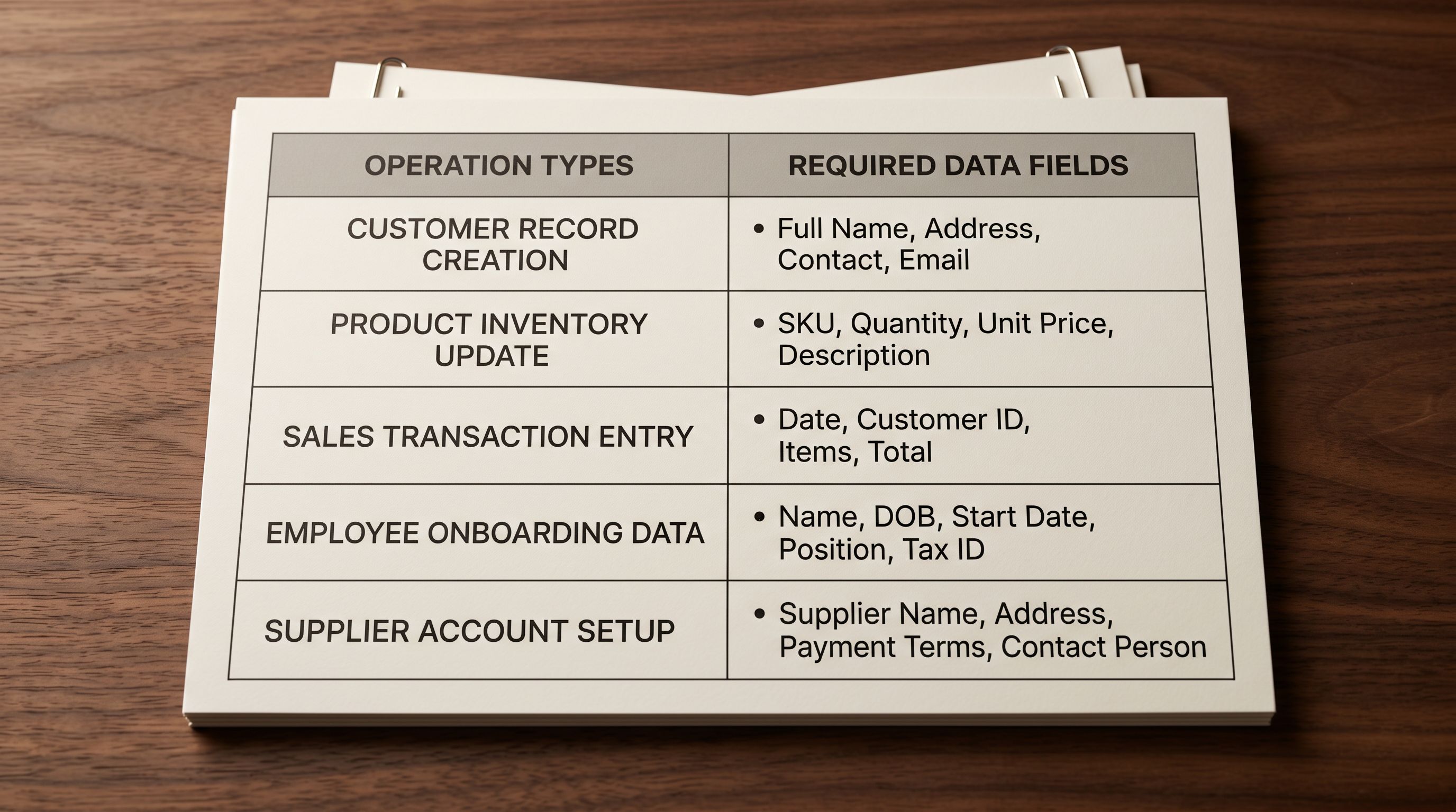 Printed bulk edit operation reference card on a desk showing five rows listing different bulk edit types with the required CSV columns written beside each type, representing a quick reference for building narrow reimport files.