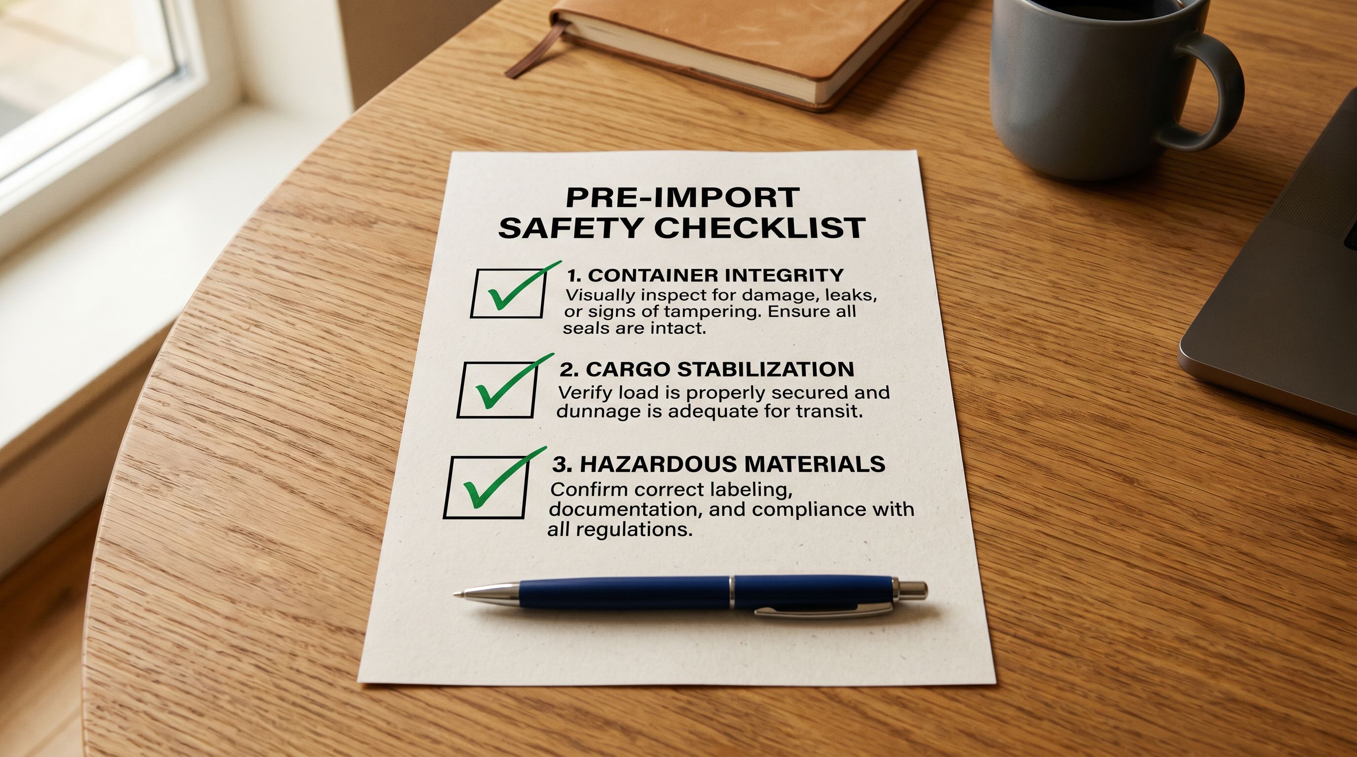Printed safe reimport practices checklist on a desk showing three numbered items representing test-on-subset, dated filename, and preview-before-confirm steps, with a green tick beside each completed step and a pen resting at the bottom.
