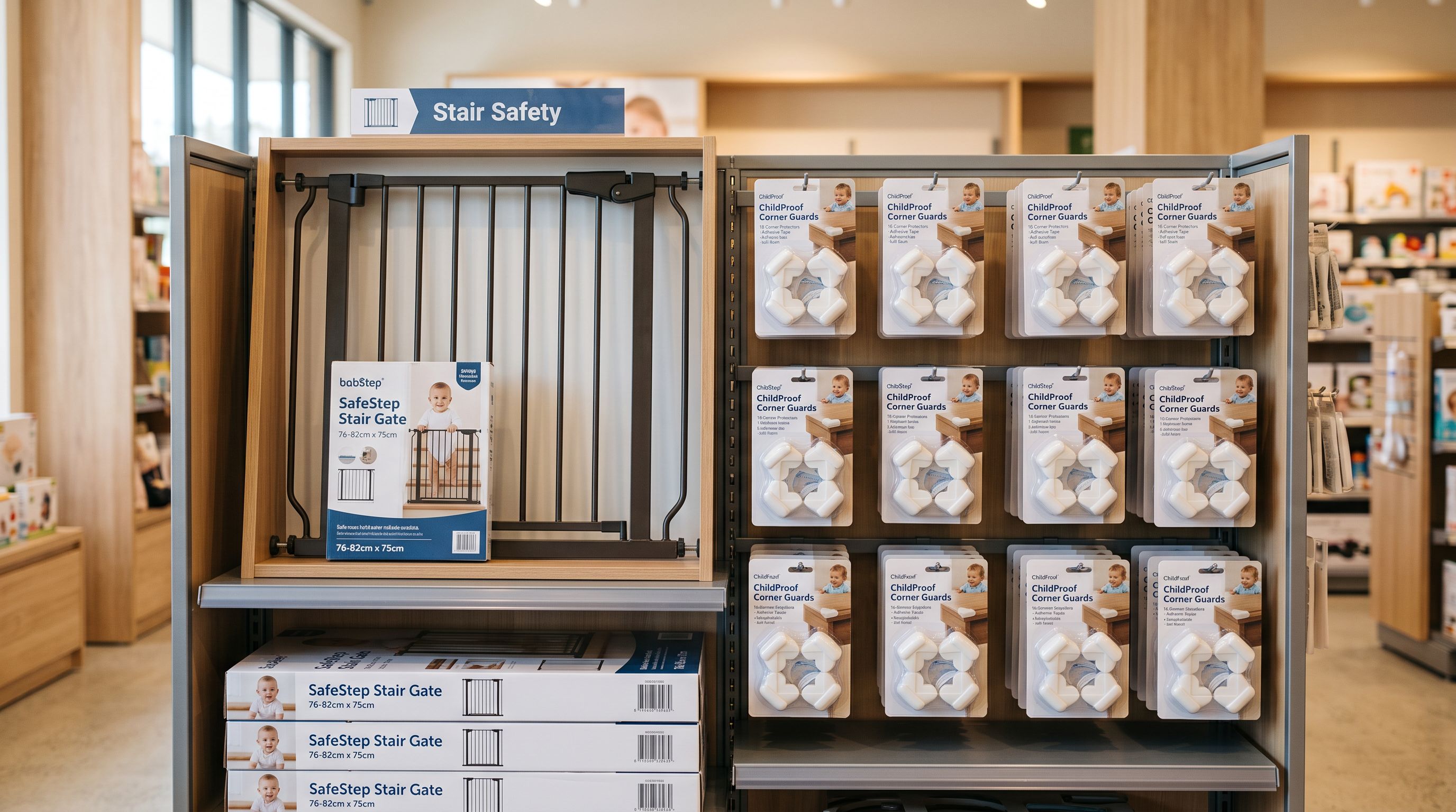 Side-by-side retail shelf sections showing a children's safety gate and foam corner edge protectors as distinct product categories.