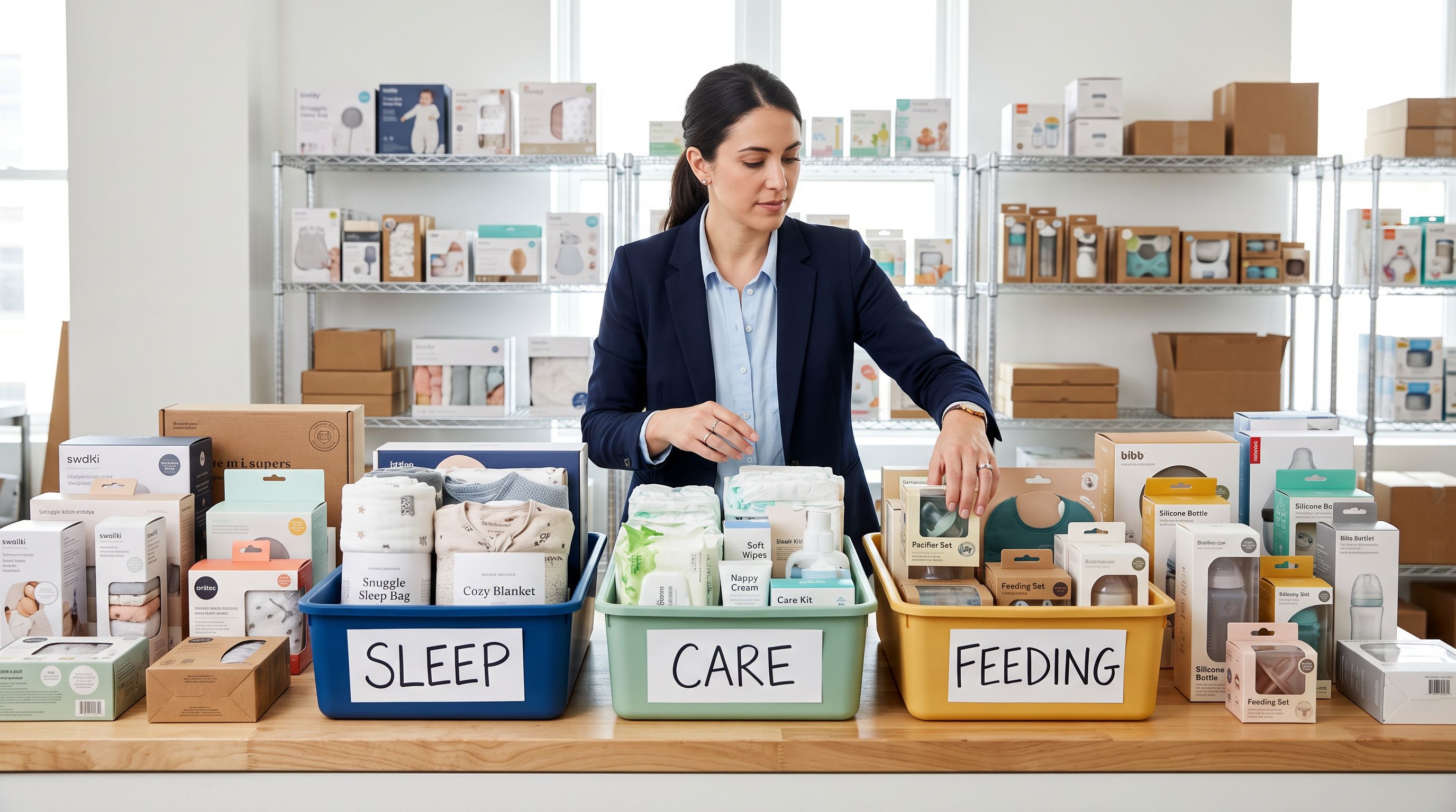 Retail buyer organising boxed baby products into three labelled category bins at a merchandising station.
