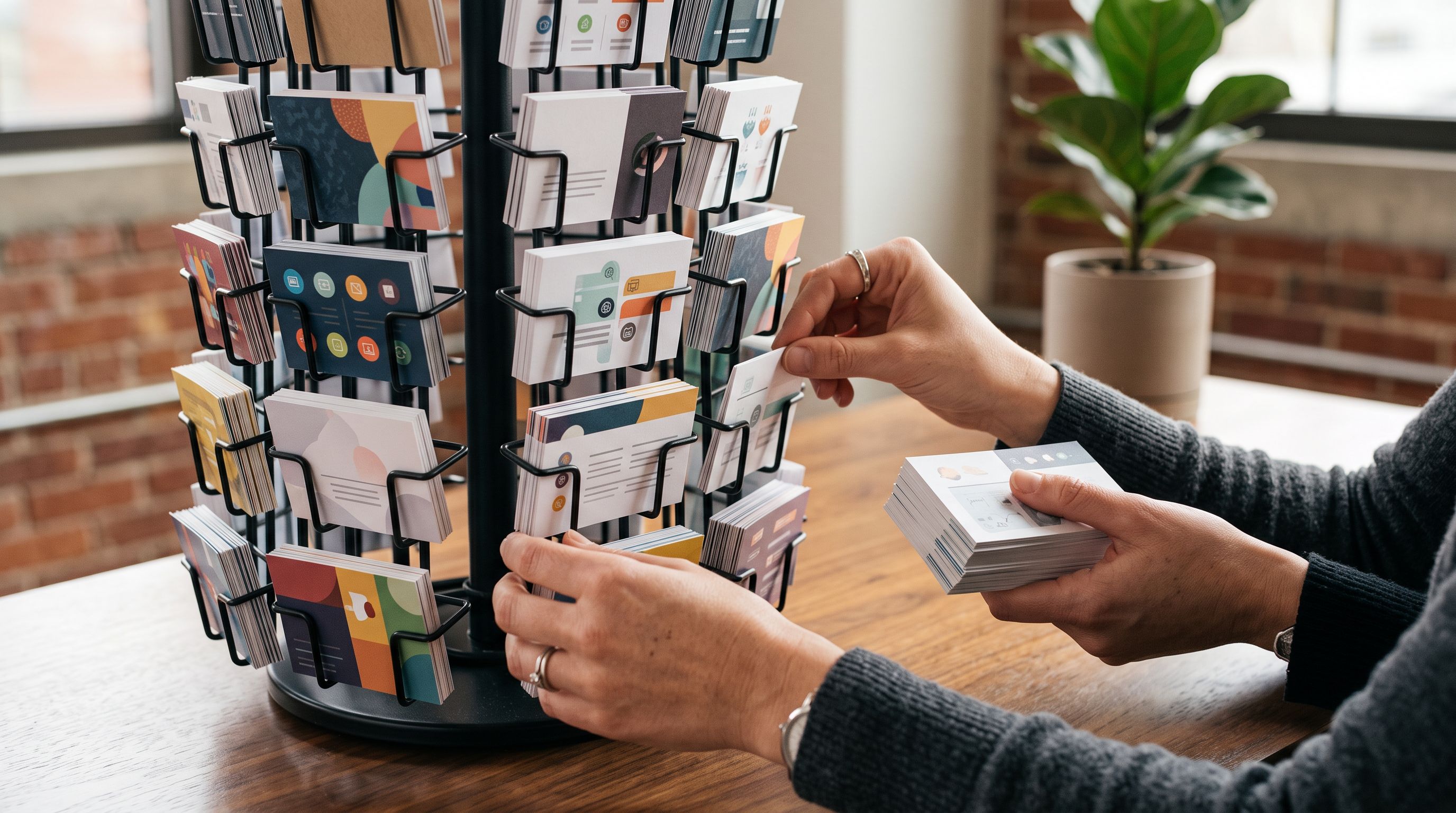 Hands inserting additional product information cards into a rotating card display alongside existing cards.