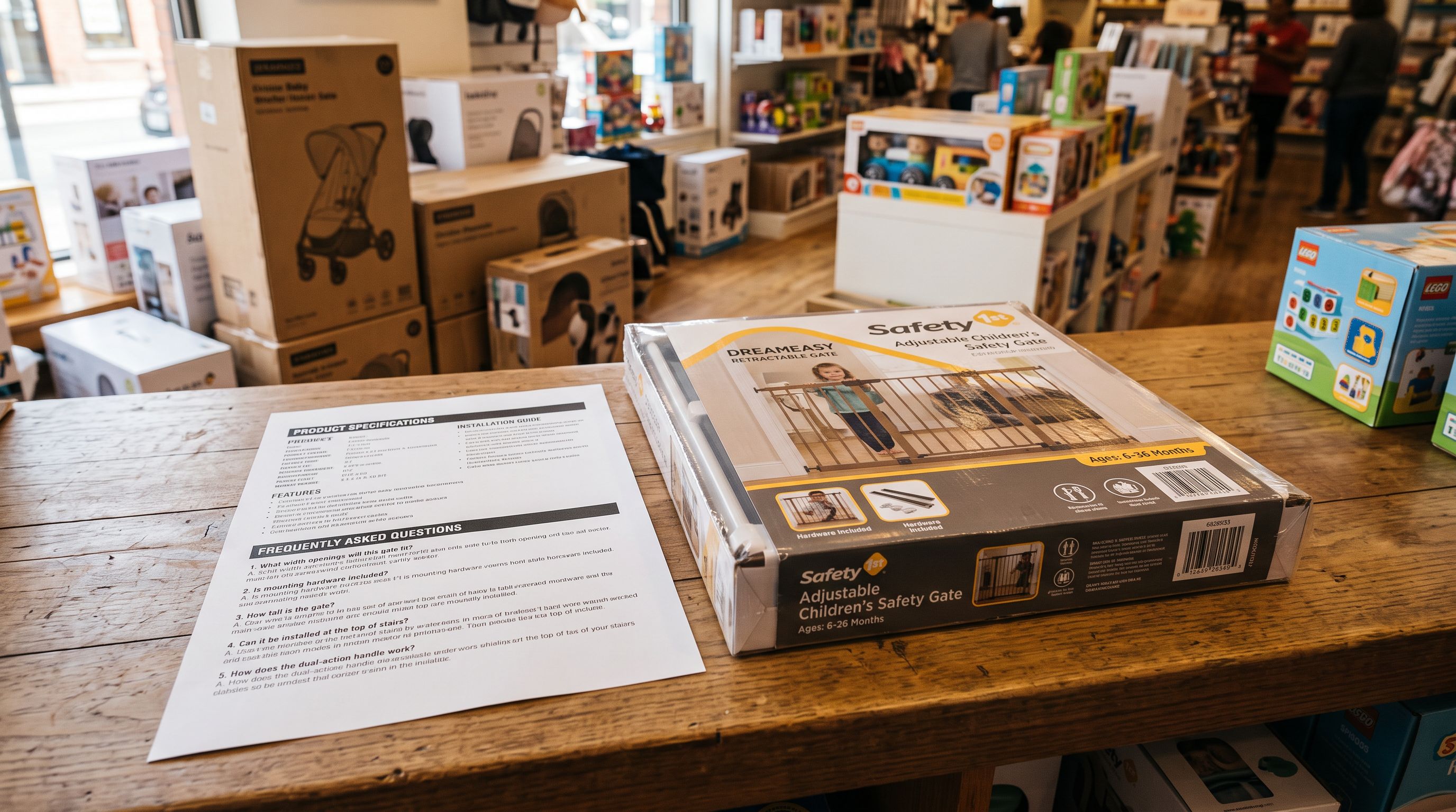 Printed product specification sheet with questions section placed beside packaged children's safety gate on a retail counter.