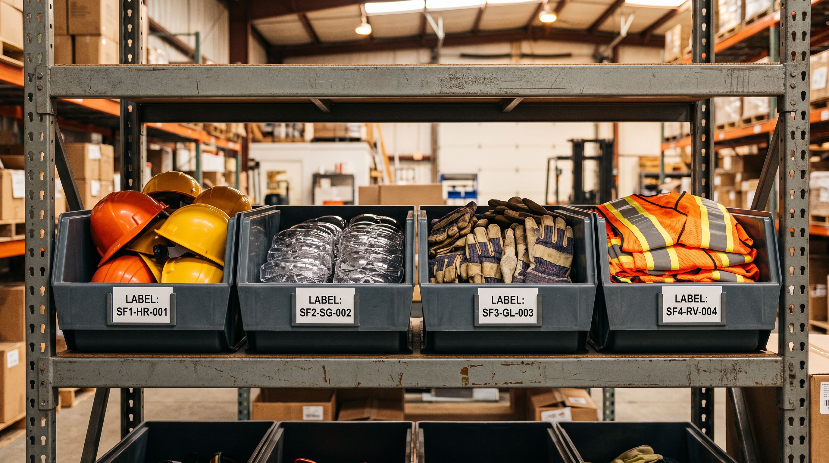 Warehouse shelf with four labelled storage bins holding distinct categories of safety equipment identified by prefix codes.