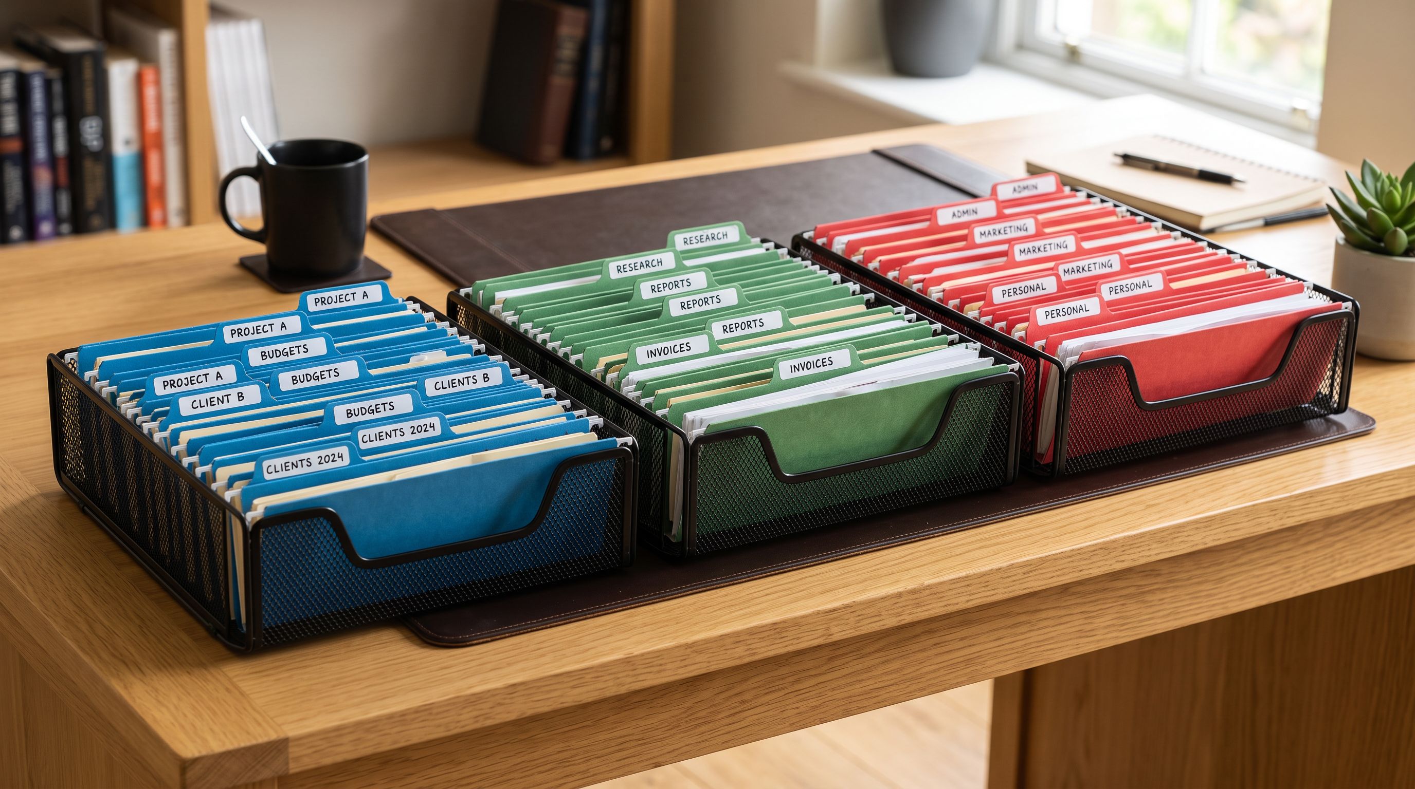 Three document filing trays on a desk, each containing a different colour-coded set of tabbed folders representing distinct organisational systems.