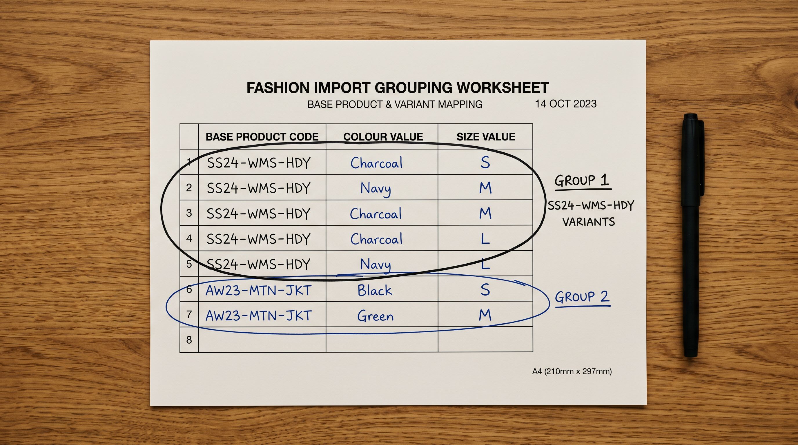 Printed fashion product import variant grouping worksheet on a wooden desk showing a three-column table with base product code, colour values, and size values, eight rows filled in with a pen circling rows belonging to the same product group.