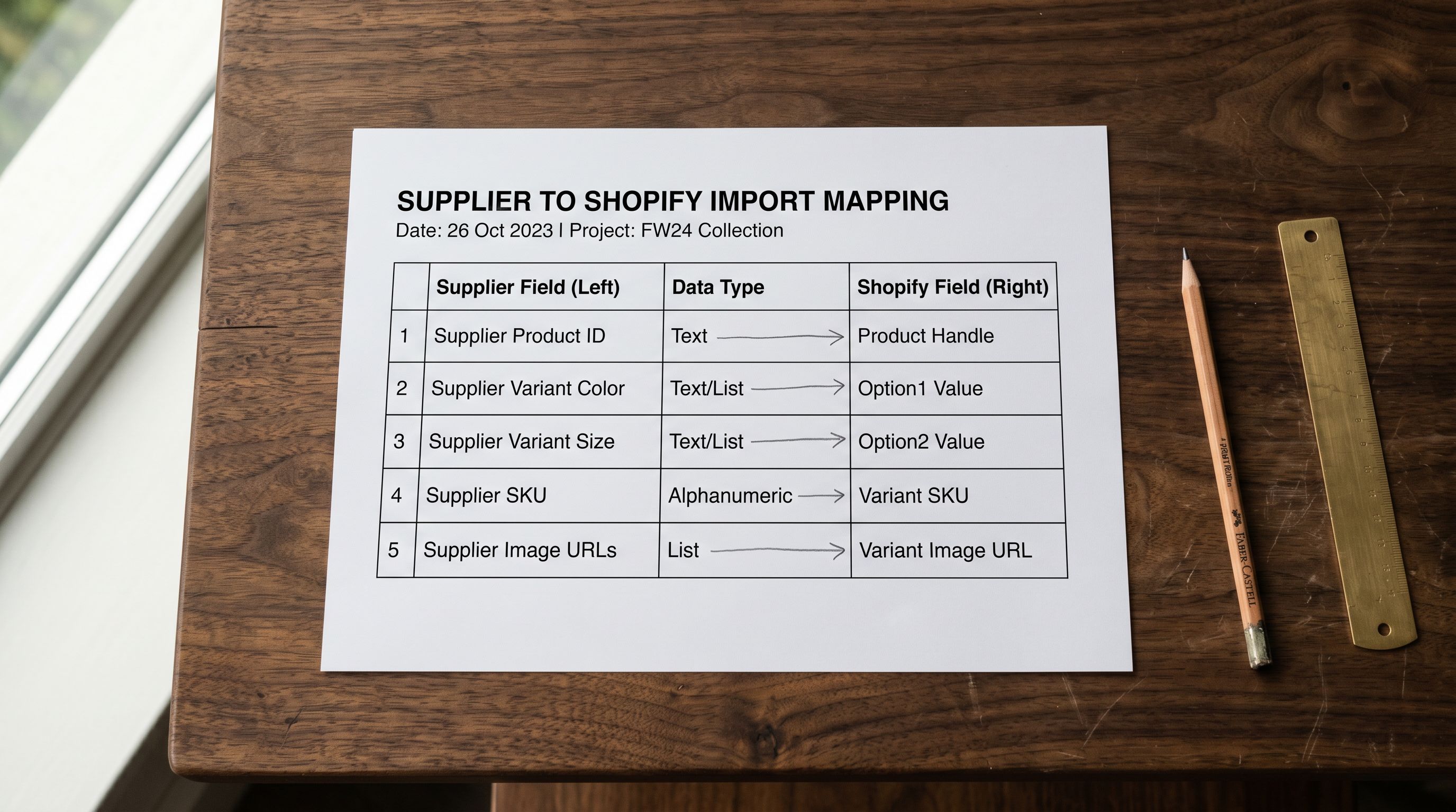 Printed fashion import column mapping configuration sheet on a wooden desk showing five field rows for product identifier, colour option, size option, variant SKU, and image URLs, with pencil connector lines from supplier fields to Shopify field names.
