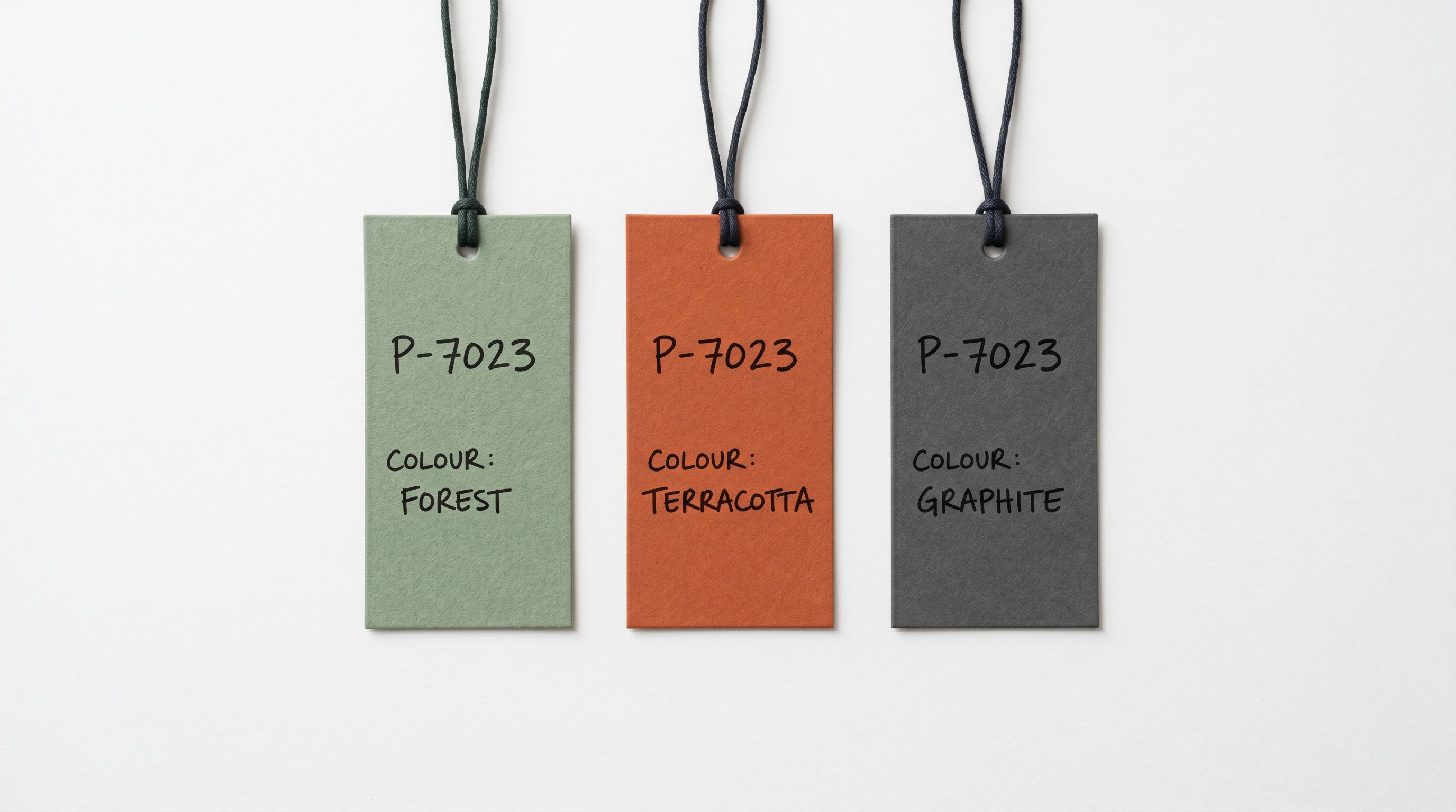 Three garment hang tags arranged in a row on a white surface, each in a different colour representing a distinct colourway, showing the same product code at the top but different colour names below.