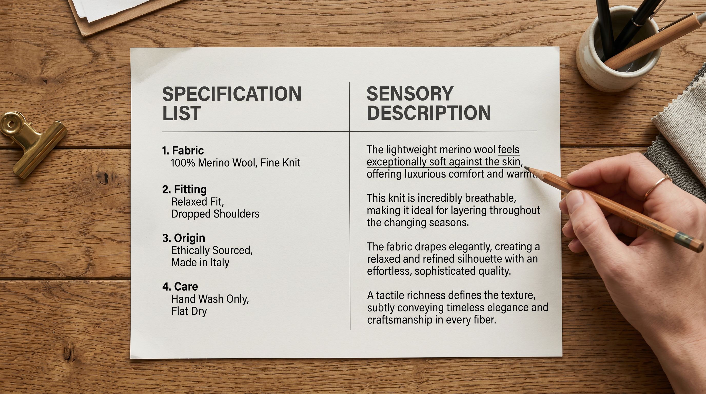 Printed fashion product description style comparison worksheet on a wooden desk showing a specification bullet list on the left and a sensory-rich paragraph on the right with a pencil underlining the opening sentence.
