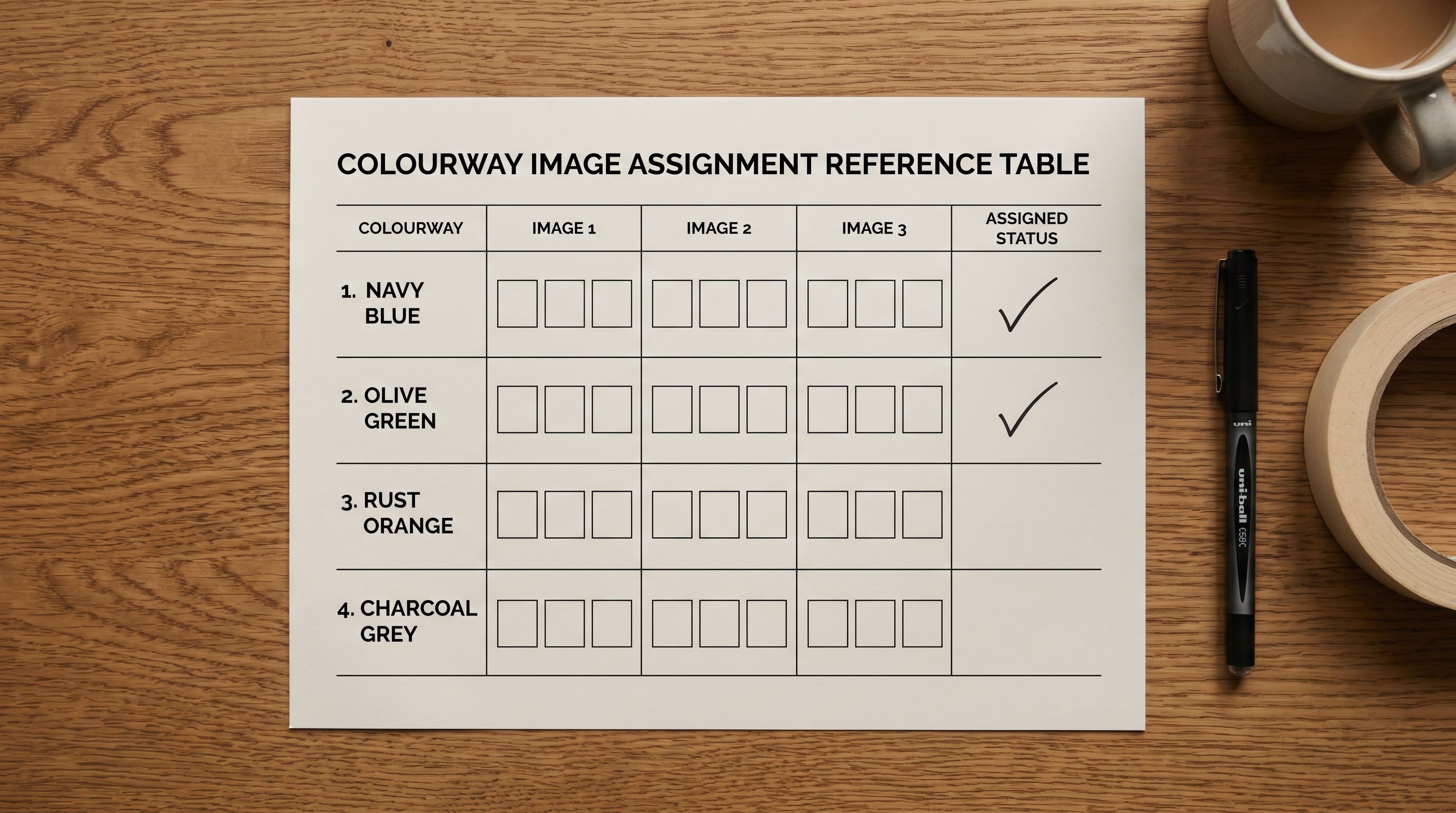 Printed per-colourway image assignment reference table on a wooden desk showing four colour rows each with three square image placeholder boxes, two rows with ticks and two with empty boxes awaiting assignment.