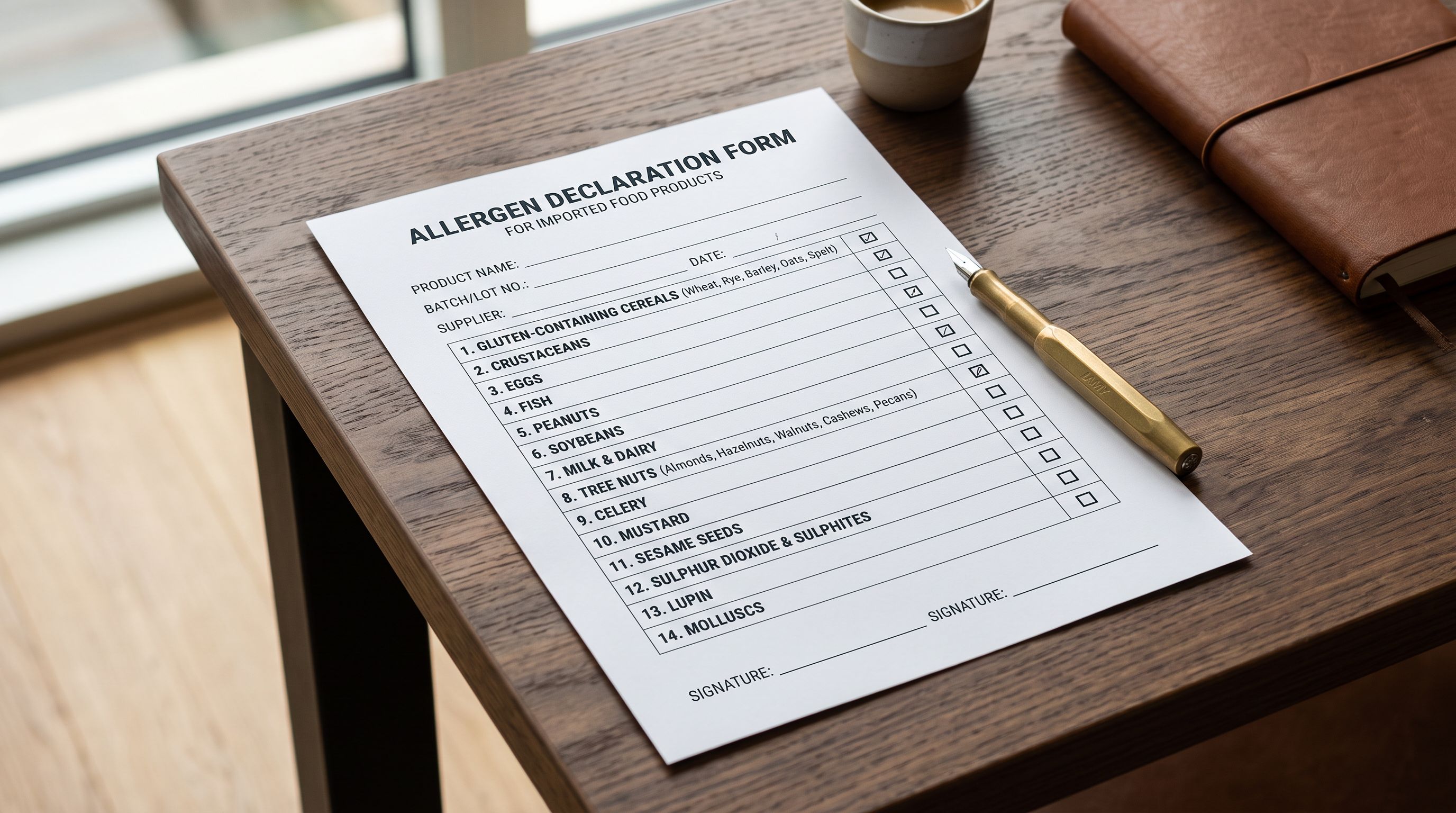 A printed allergen declaration form on a desk with a grid of 14 EU allergen categories listed in rows, each with a checkbox column beside it, representing the structured allergen metafield mapping process for a food product import.