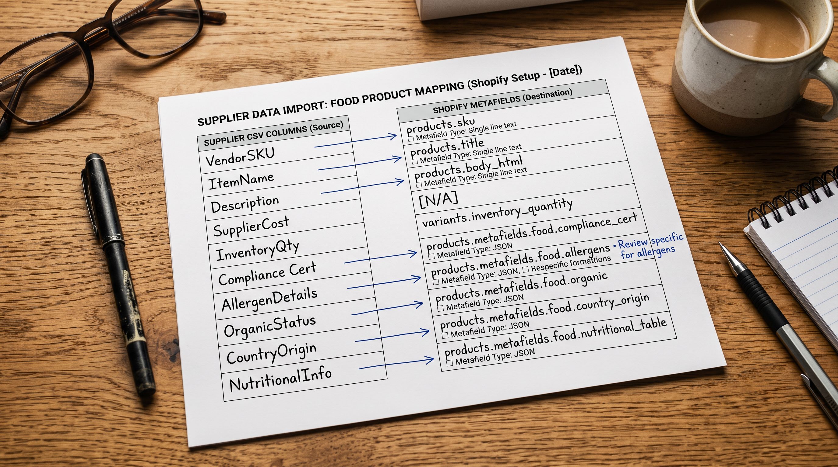 A printed column mapping worksheet on a desk showing supplier CSV column headers listed on the left side with arrows drawn to corresponding Shopify metafield names on the right, representing the process of assigning compliance fields during a food product import setup.