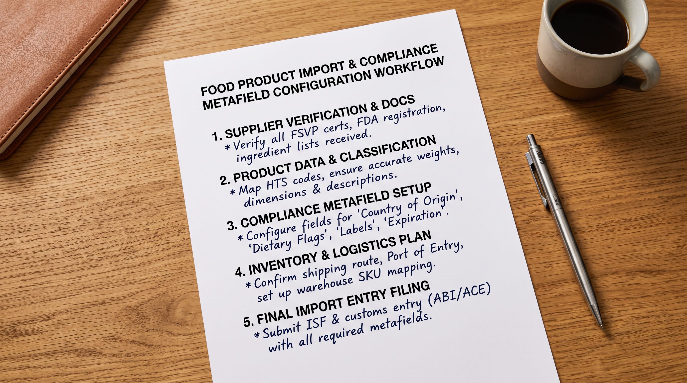 A printed five-step workflow checklist on a desk with each step numbered and accompanied by a short handwritten note, representing the sequential setup process for a food product import with compliance metafield configuration.
