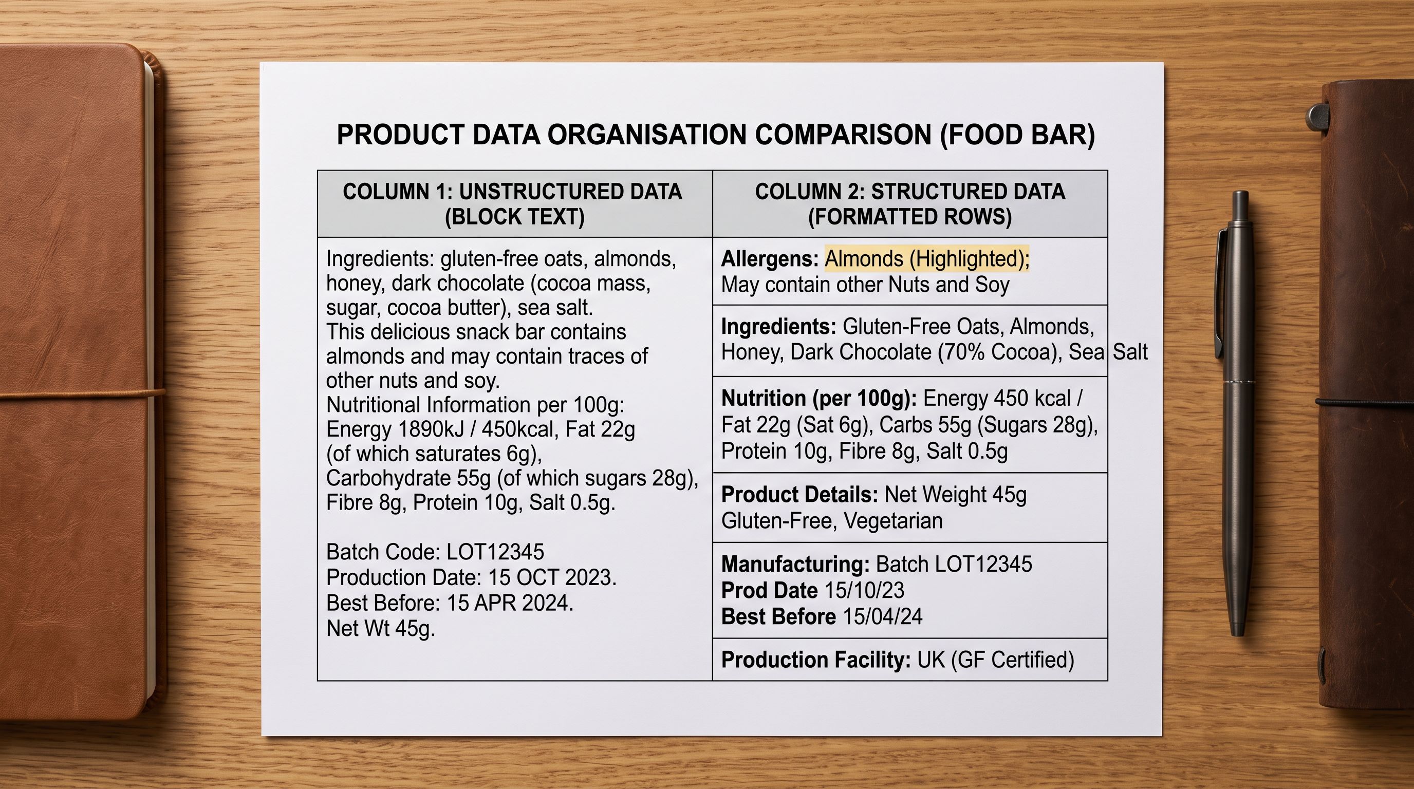 A printed side-by-side product data comparison table on a desk showing two columns of product information for the same food item, the left column with compliance data mixed into a description field and the right column with clean separate metafield entries for allergens, nutrition, and batch codes.