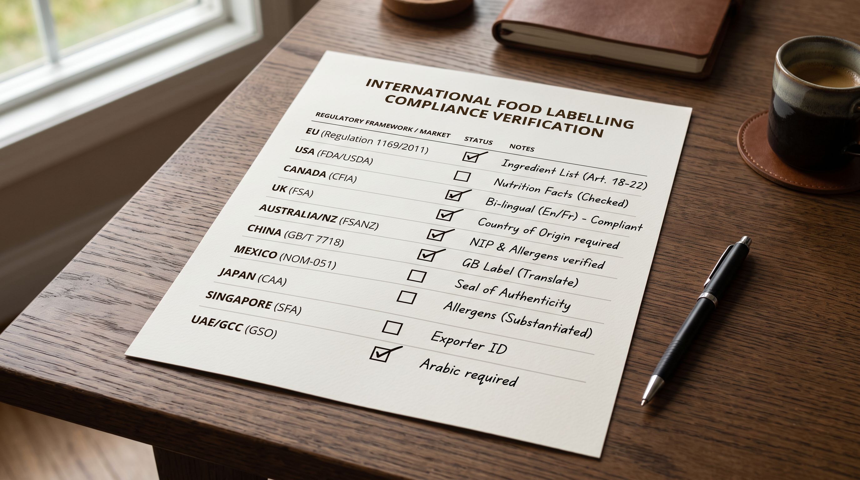 A printed compliance checklist on a desk showing rows for EU allergen regulations, UK food labelling requirements, and Australian food standards, each with a tick box and a short note beside it, representing a cross-market food compliance verification process.