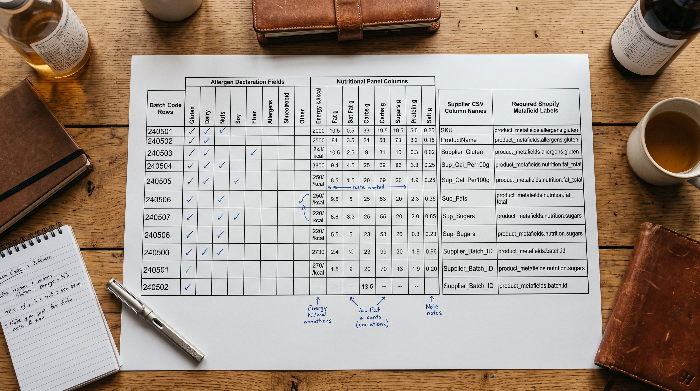 A printed food product compliance worksheet spread on a desk, showing allergen declaration fields, nutritional panel columns, and batch code rows with supplier CSV column names mapped beside each required Shopify metafield.