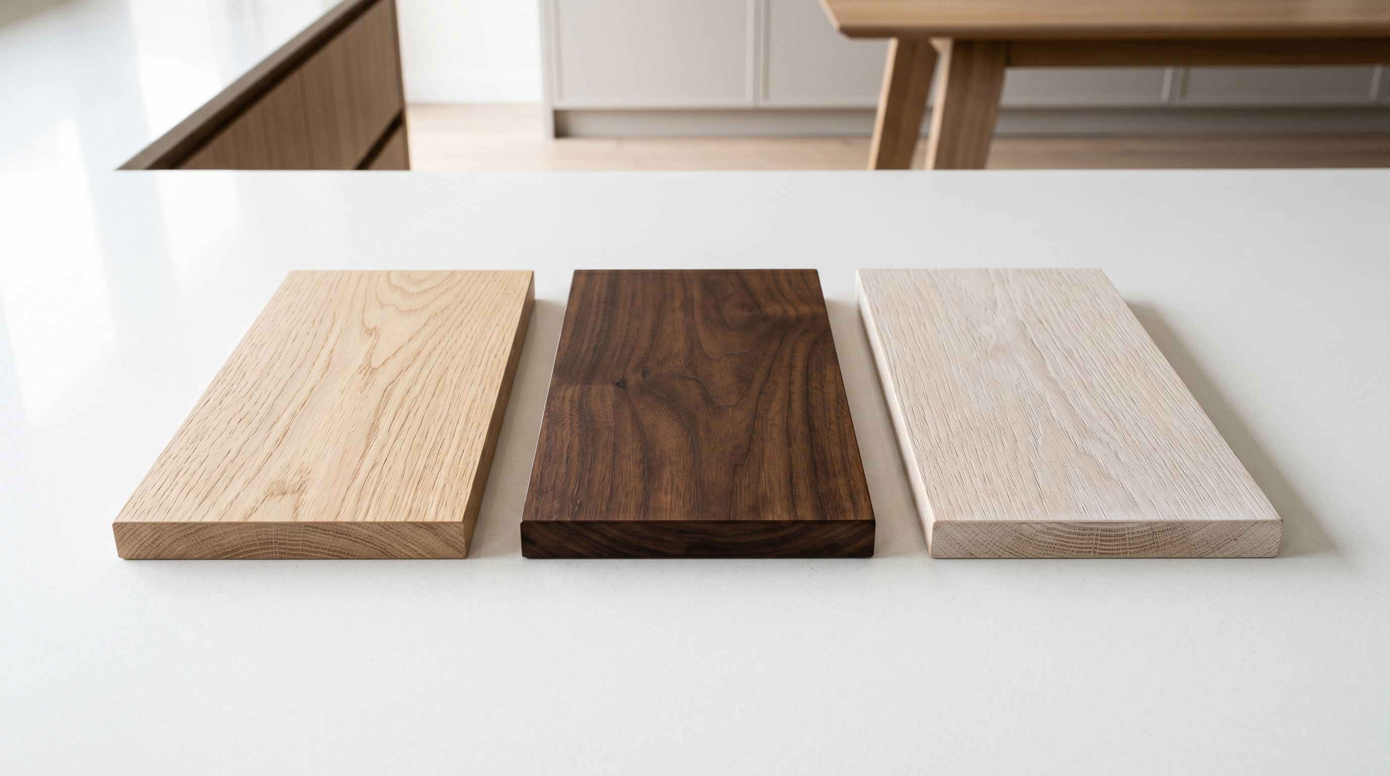 Three wood finish sample tiles on a showroom counter showing natural oak, dark walnut, and white-washed timber finishes side by side.
