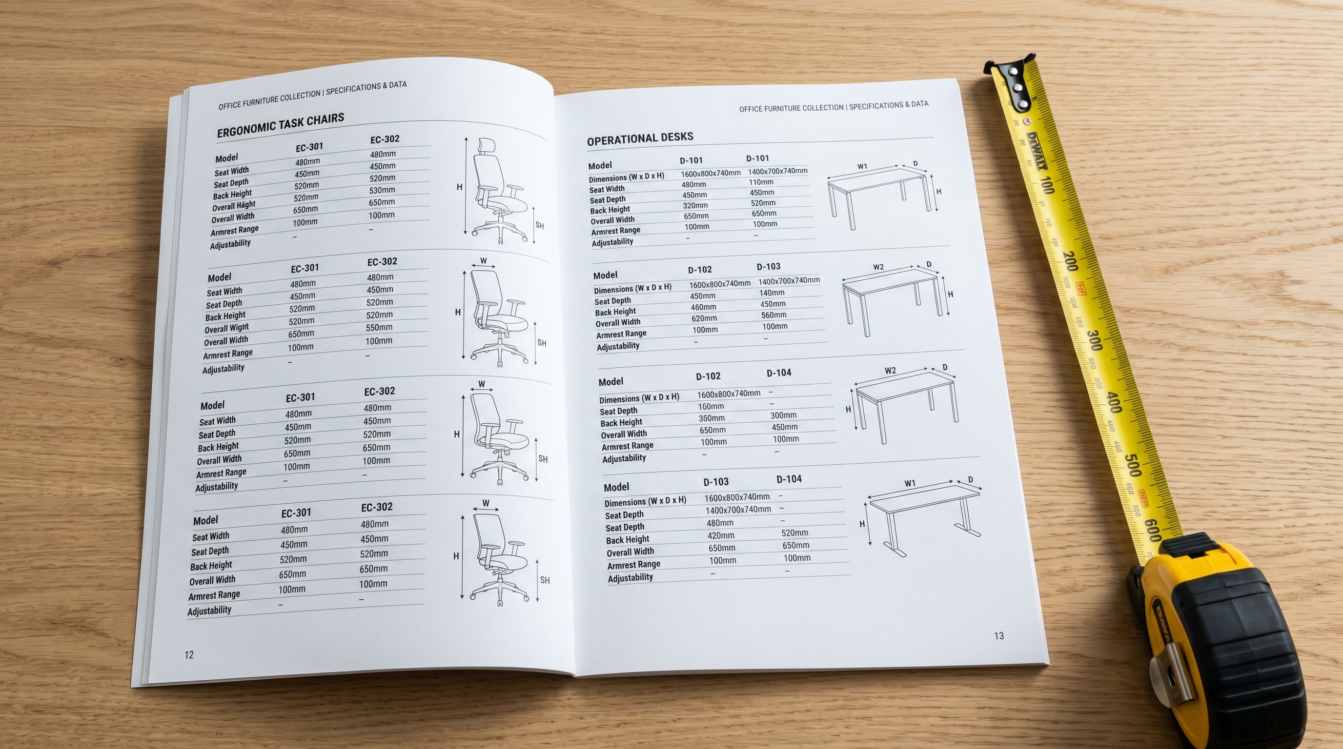 Printed furniture supplier catalogue on a wooden desk next to a fully extended steel retractable tape measure showing centimetre markings.