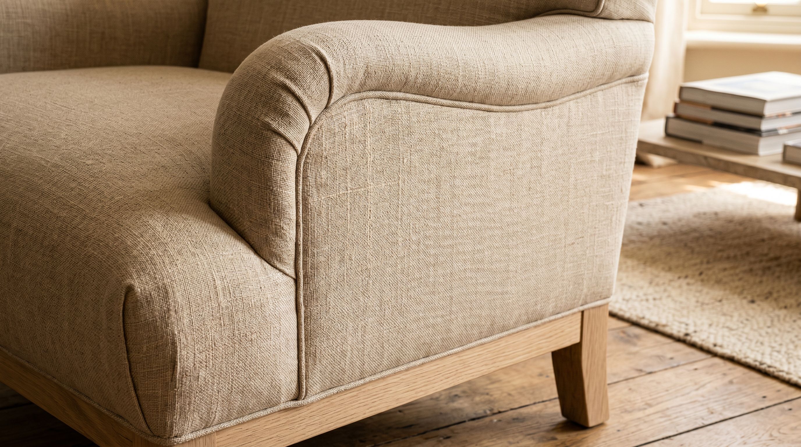 Close-up of the padded arm of a natural linen upholstered armchair showing woven fabric texture in warm afternoon light with an oak timber leg below.