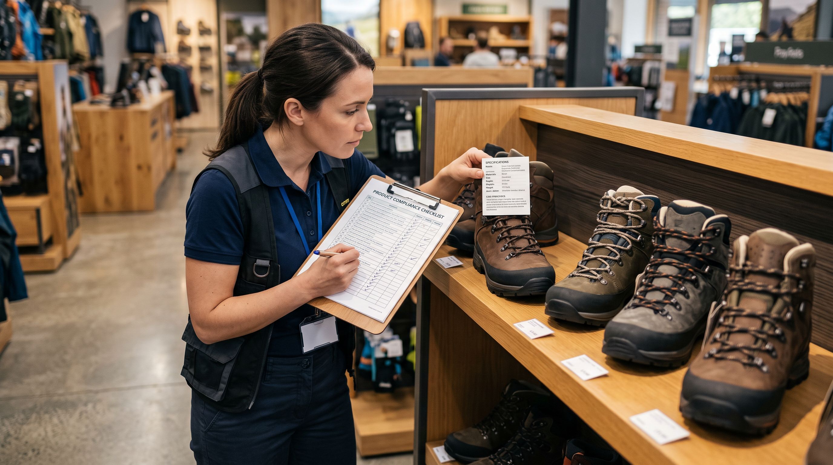 A retail compliance officer comparing specification labels on hiking boots against a clipboard checklist.