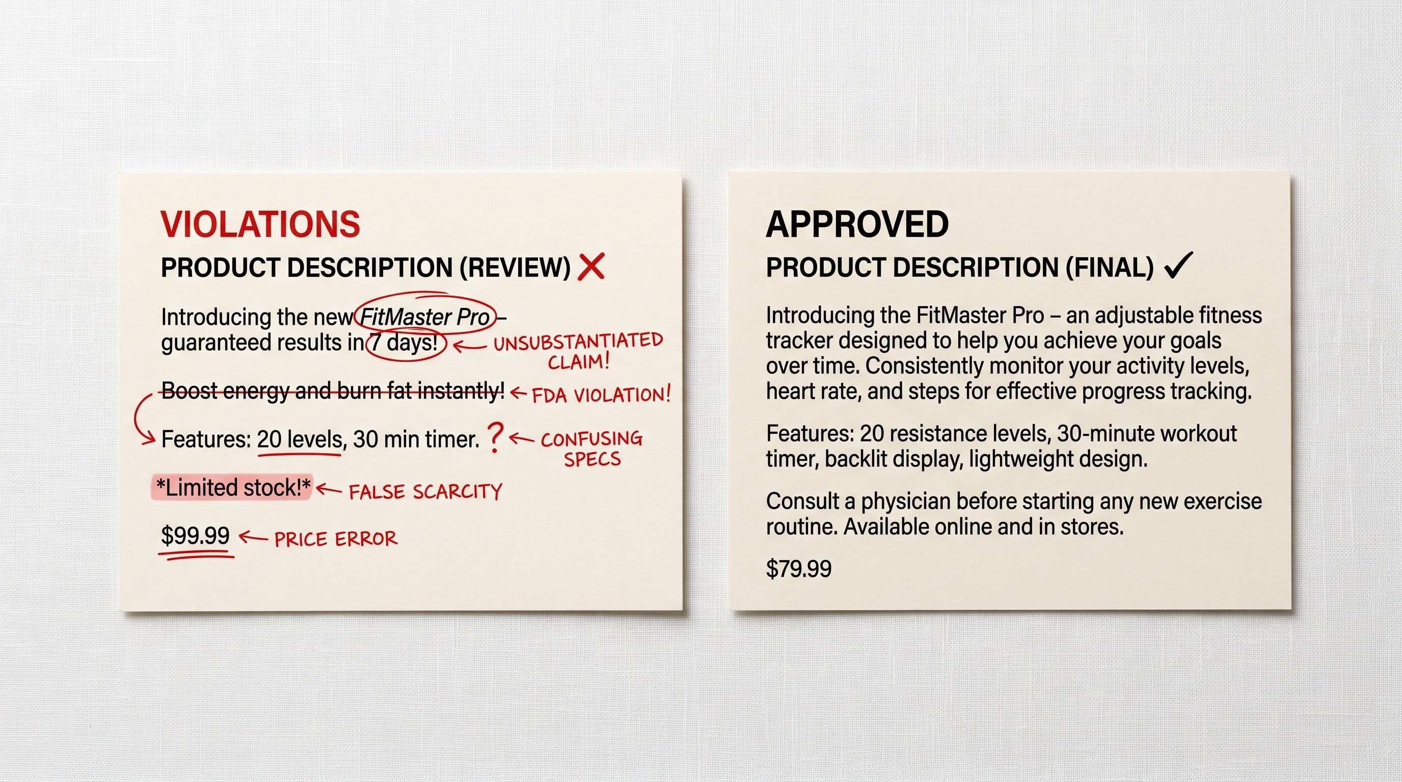Two printed product description cards side by side, one annotated in red indicating policy violations.