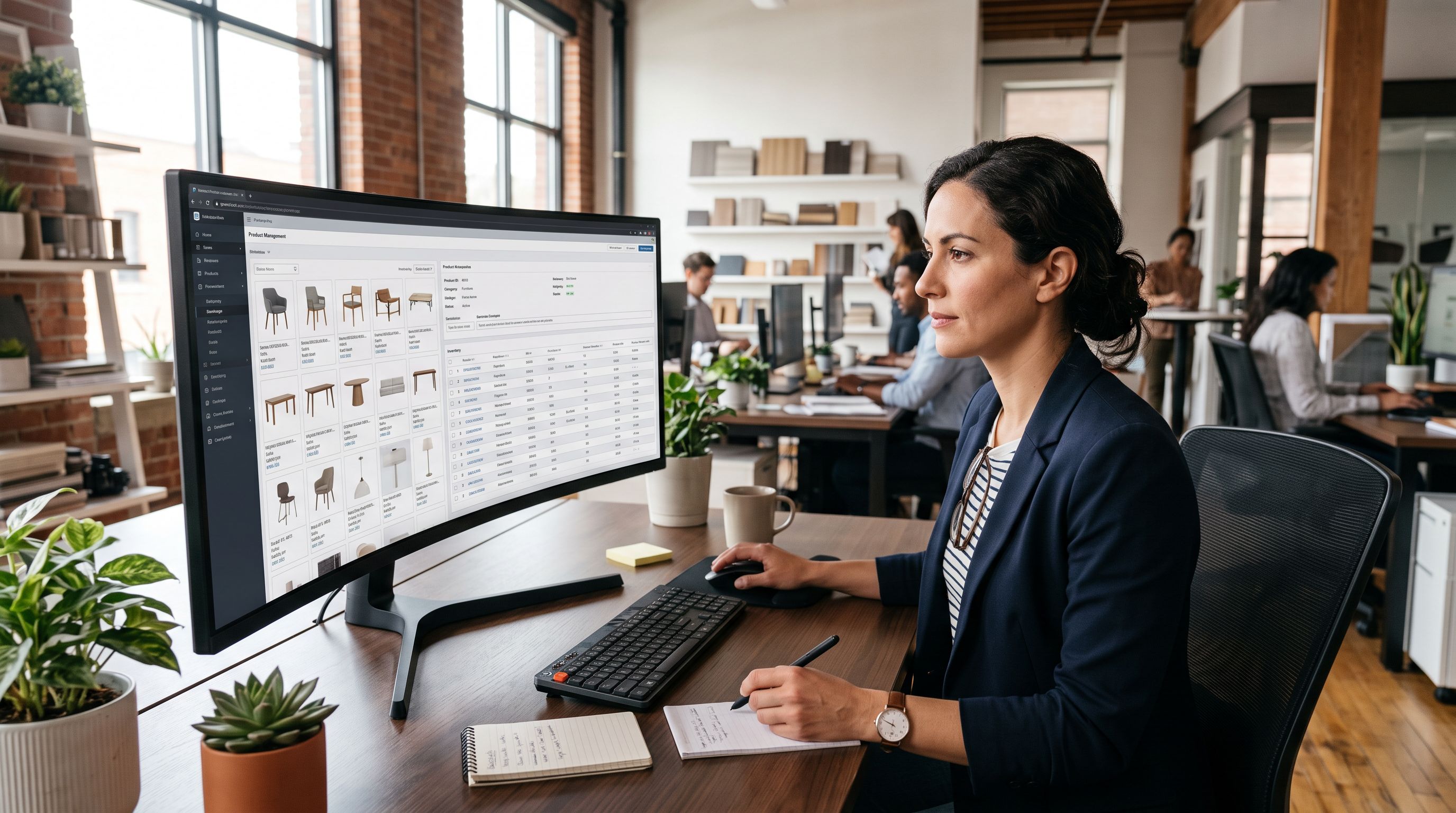 A merchant reviewing a catalogue management dashboard on a wide monitor in a modern office.