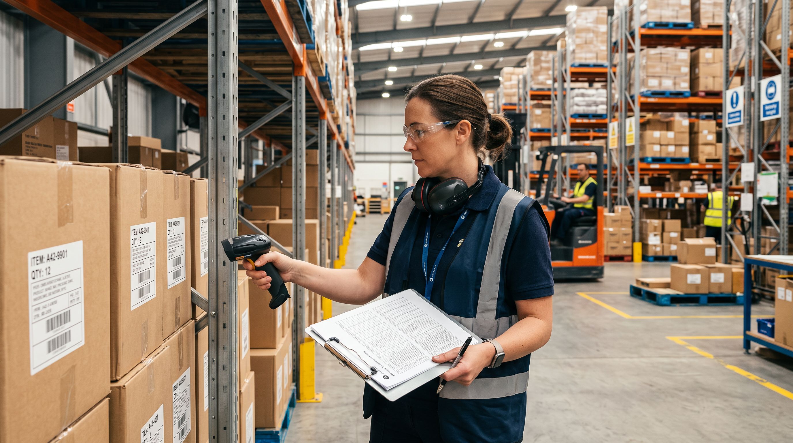 A warehouse worker scanning product barcodes and cross-referencing specification sheets on a clipboard.