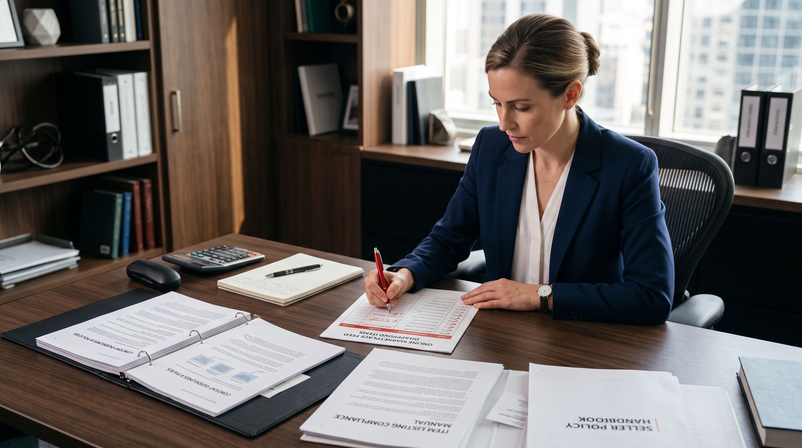 A business professional marking disapproved items on a printed marketplace feed checklist with a red pen.