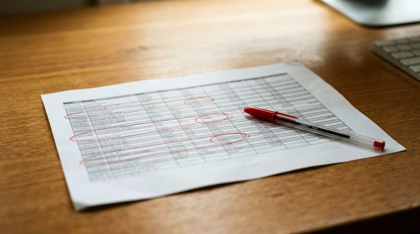 A printed spreadsheet with red pen circles marking flagged product data rows on a clean desk surface.