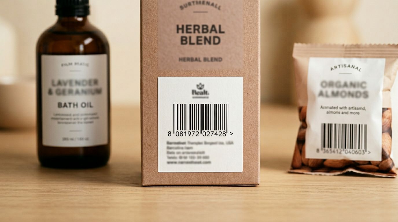 Close-up of barcode labels on retail product packaging arranged neatly on a clean surface, soft studio lighting.