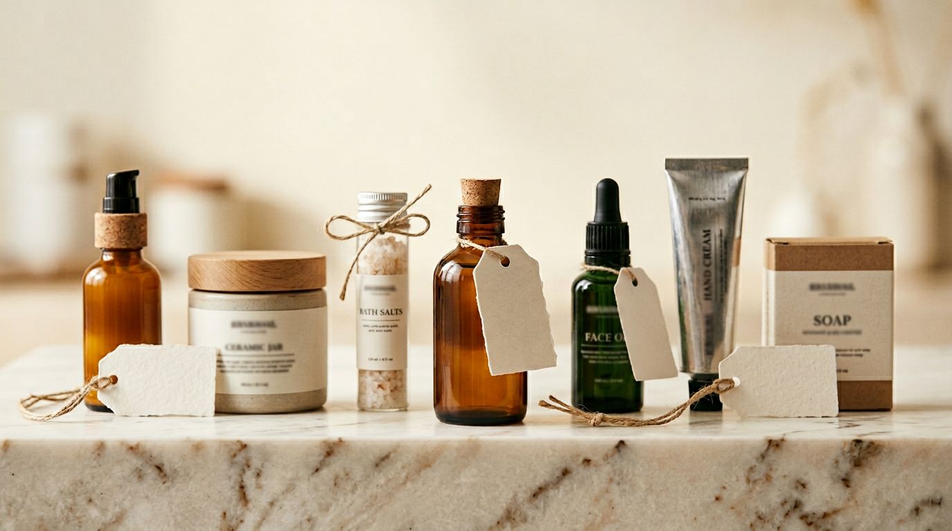 Several retail products each with a small blank label card placed beside them, arranged neatly on a clean white surface, overhead studio lighting.