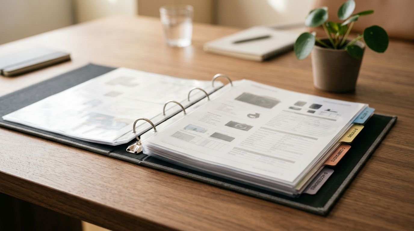 A neatly organised tabbed catalogue binder open on a desk with product data sheets visible inside, warm studio lighting from above.