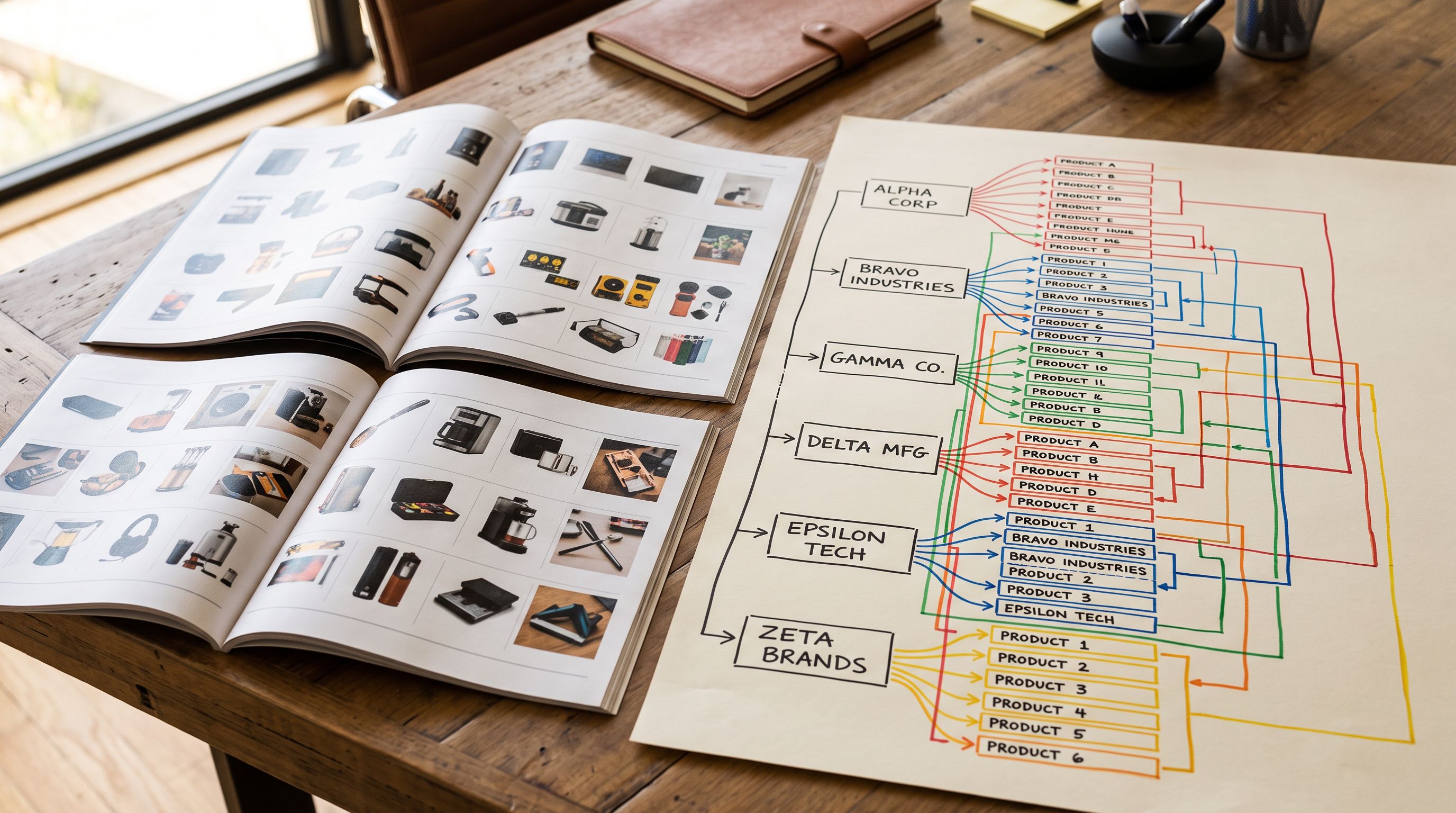 Printed product catalogue spread open on a meeting table with a hand-drawn brand taxonomy chart alongside, grouping product categories by manufacturer name.