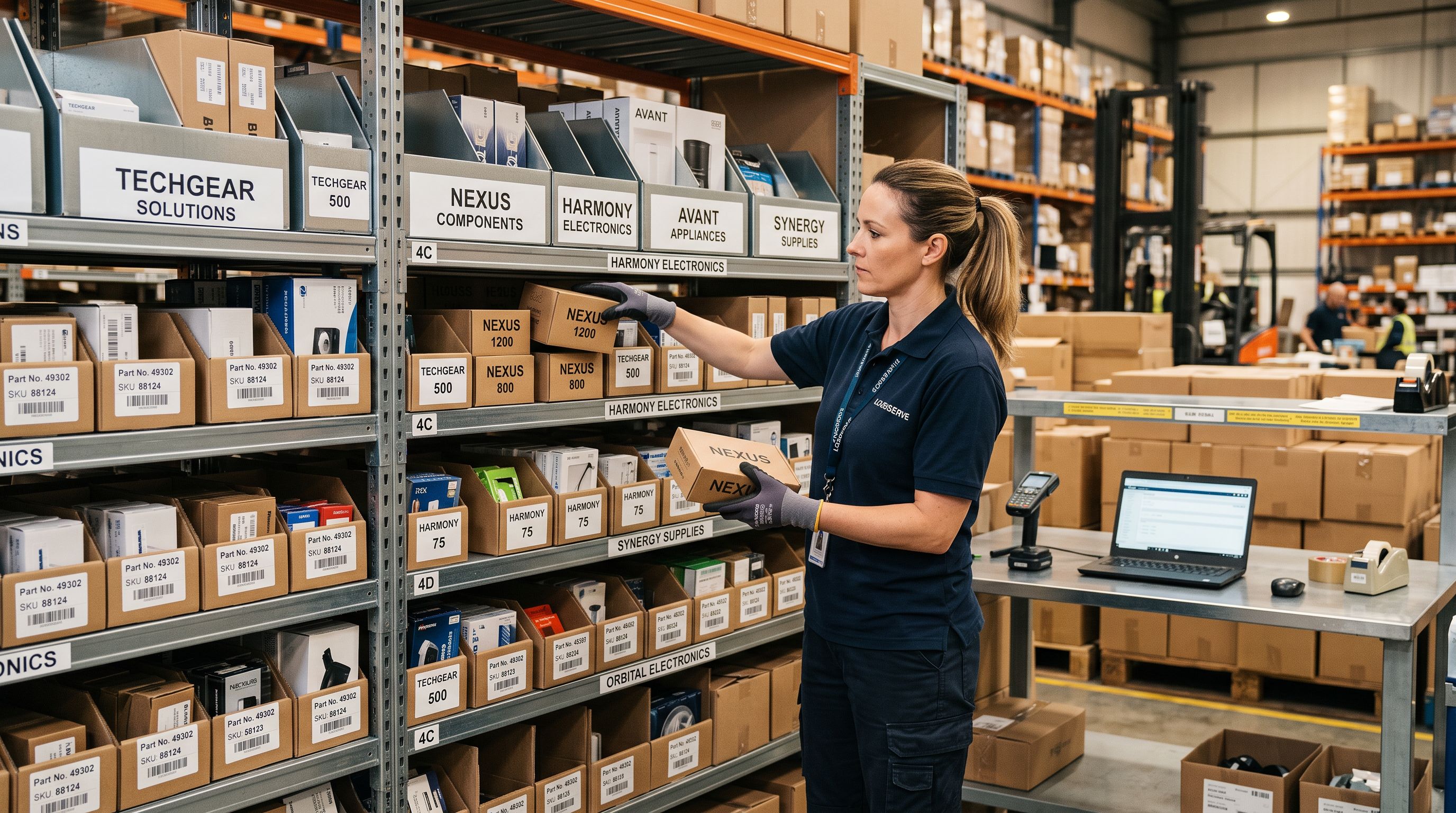 Warehouse worker at a packing station organising products into branded sections on shelving, manufacturer labels visible on each shelf divider.