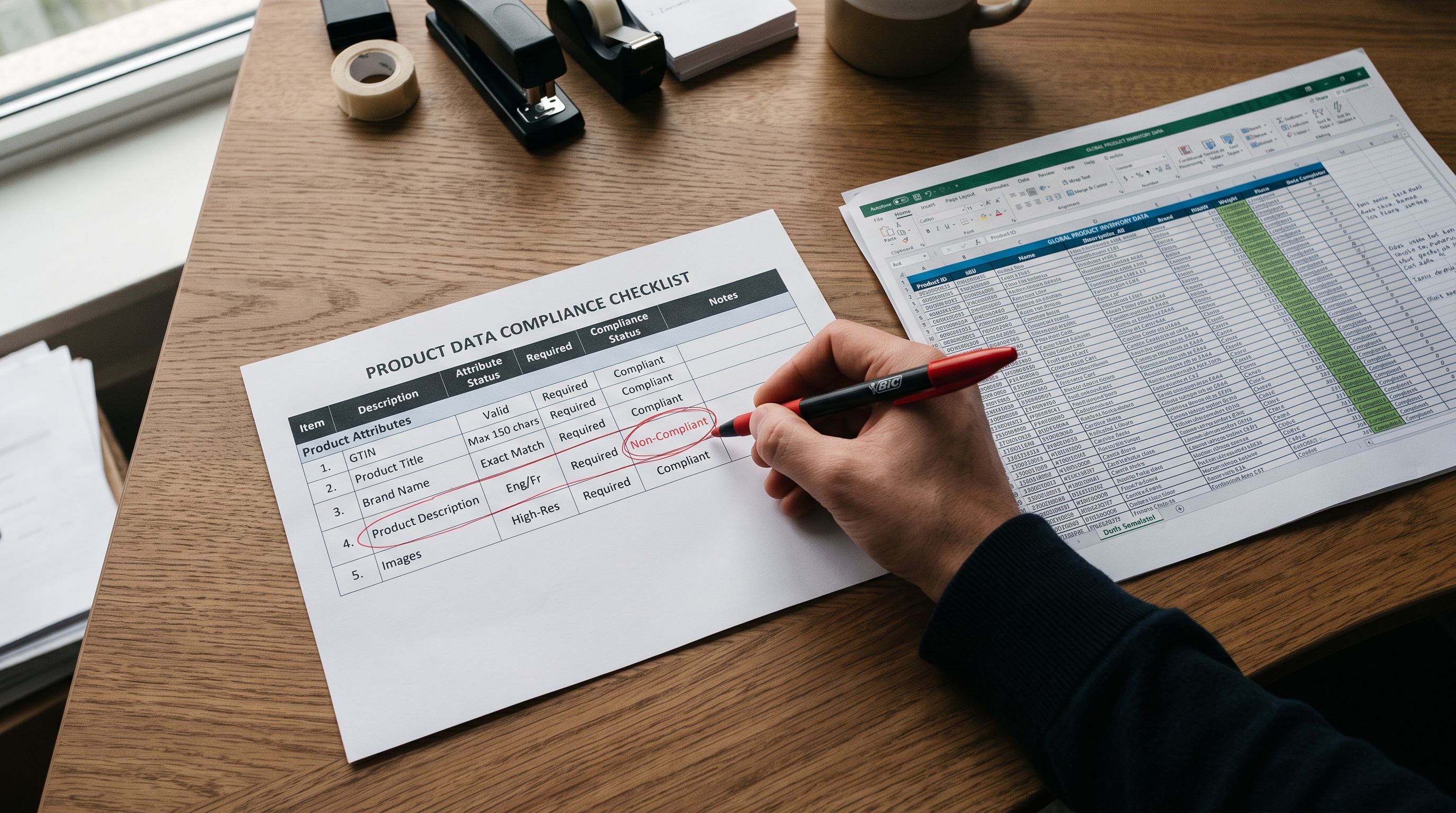 Printed product data compliance checklist on a desk with a red pen circling the brand attribute row, next to a printed supplier CSV export.