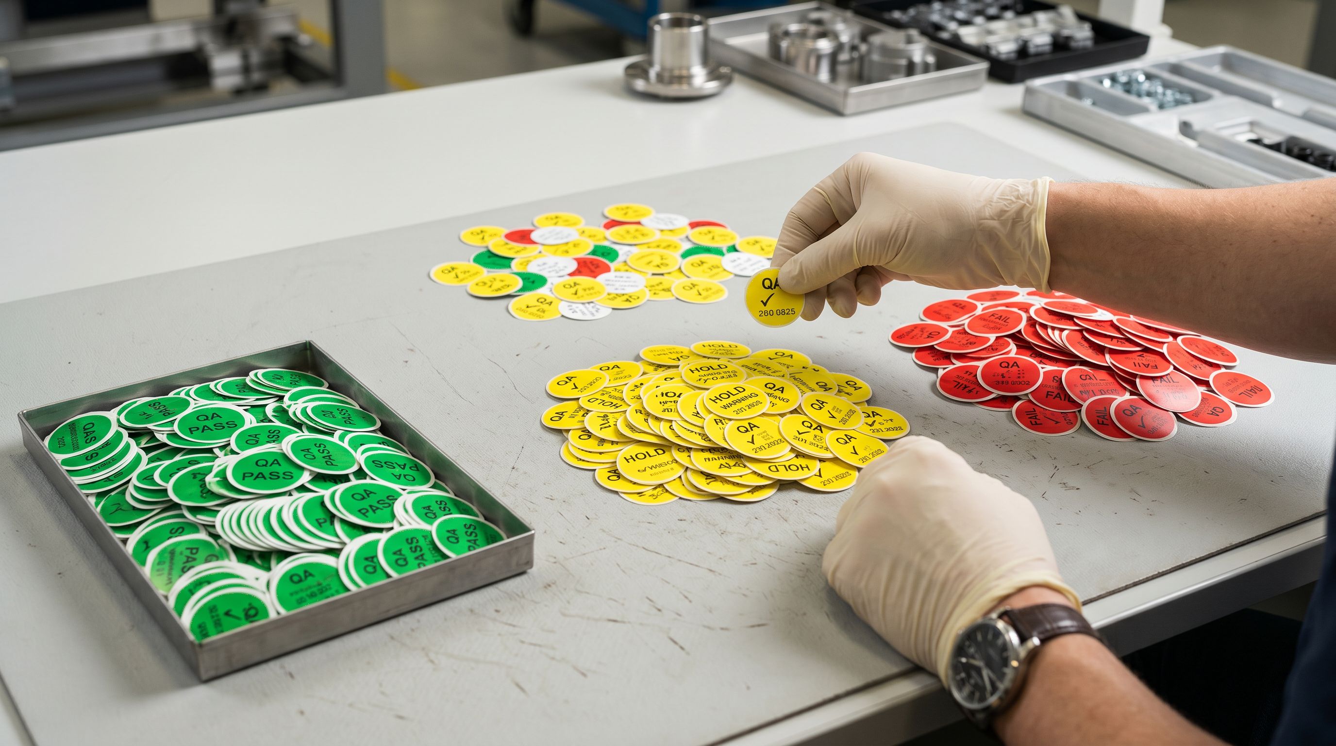 Quality inspection stickers sorted into compliance evaluation piles on a clean surface.